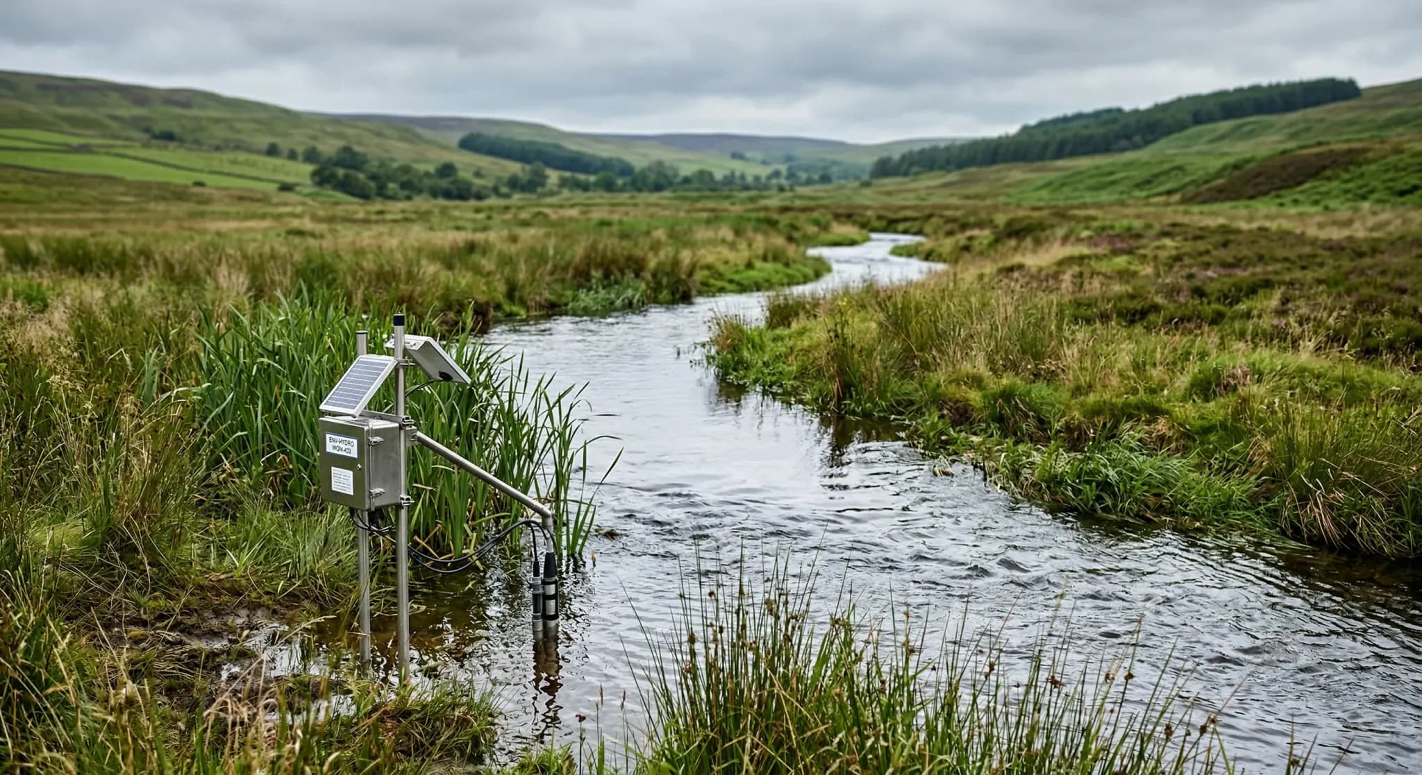 A photorealistic eye-level shot of a clean, winding stream flowing through a marshy Northern European landscape under a soft, overcast sky. In the foreground, a professional environmental monitoring d