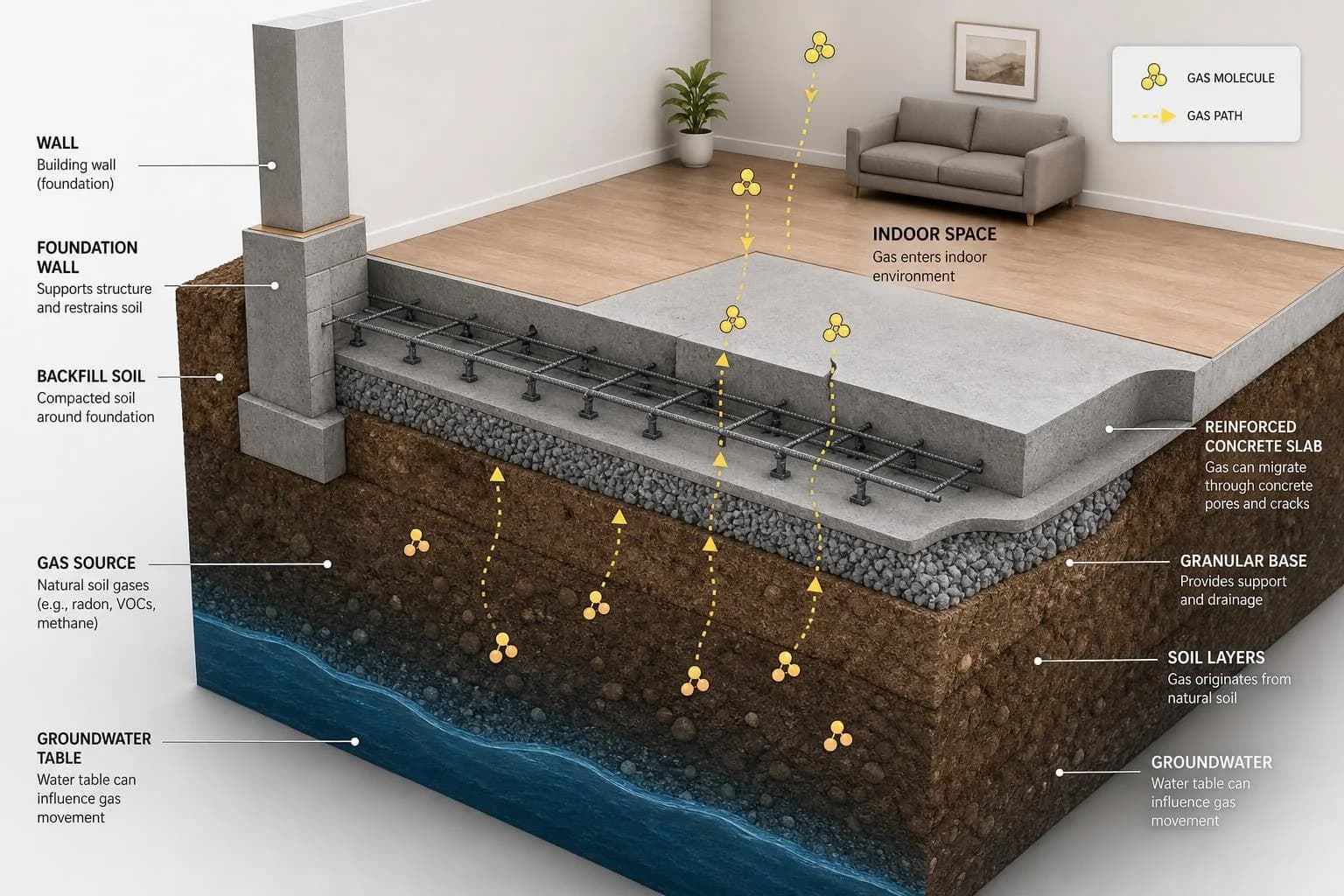 Isometric 3D illustration of a cross-section of a building foundation showing soil layers, groundwater, and a reinforced concrete slab. Clean, modern design with muted earth tones for the soil and bri