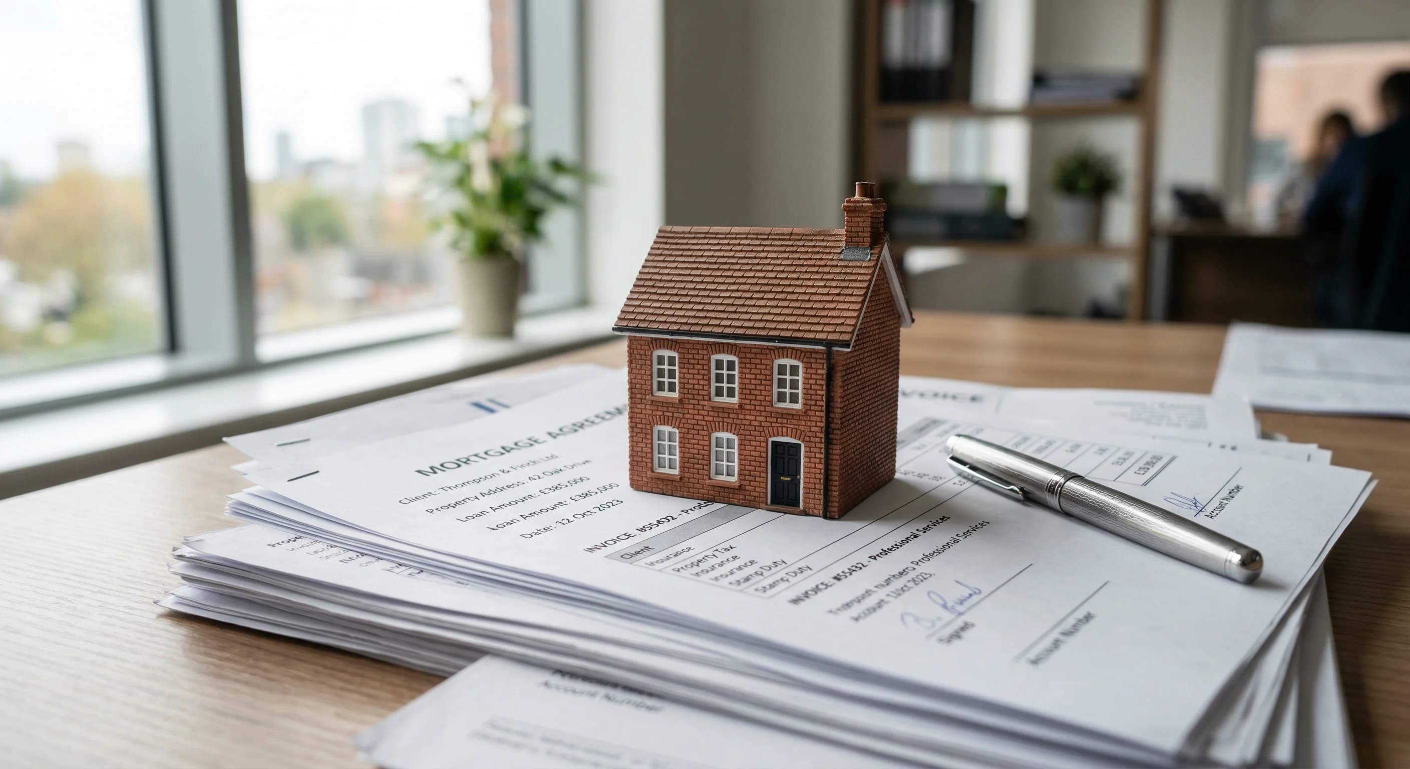 A photorealistic close-up of a miniature brick house model sitting on top of a stack of financial documents and invoices. A professional silver fountain pen rests on the paper, and the scene is illumi
