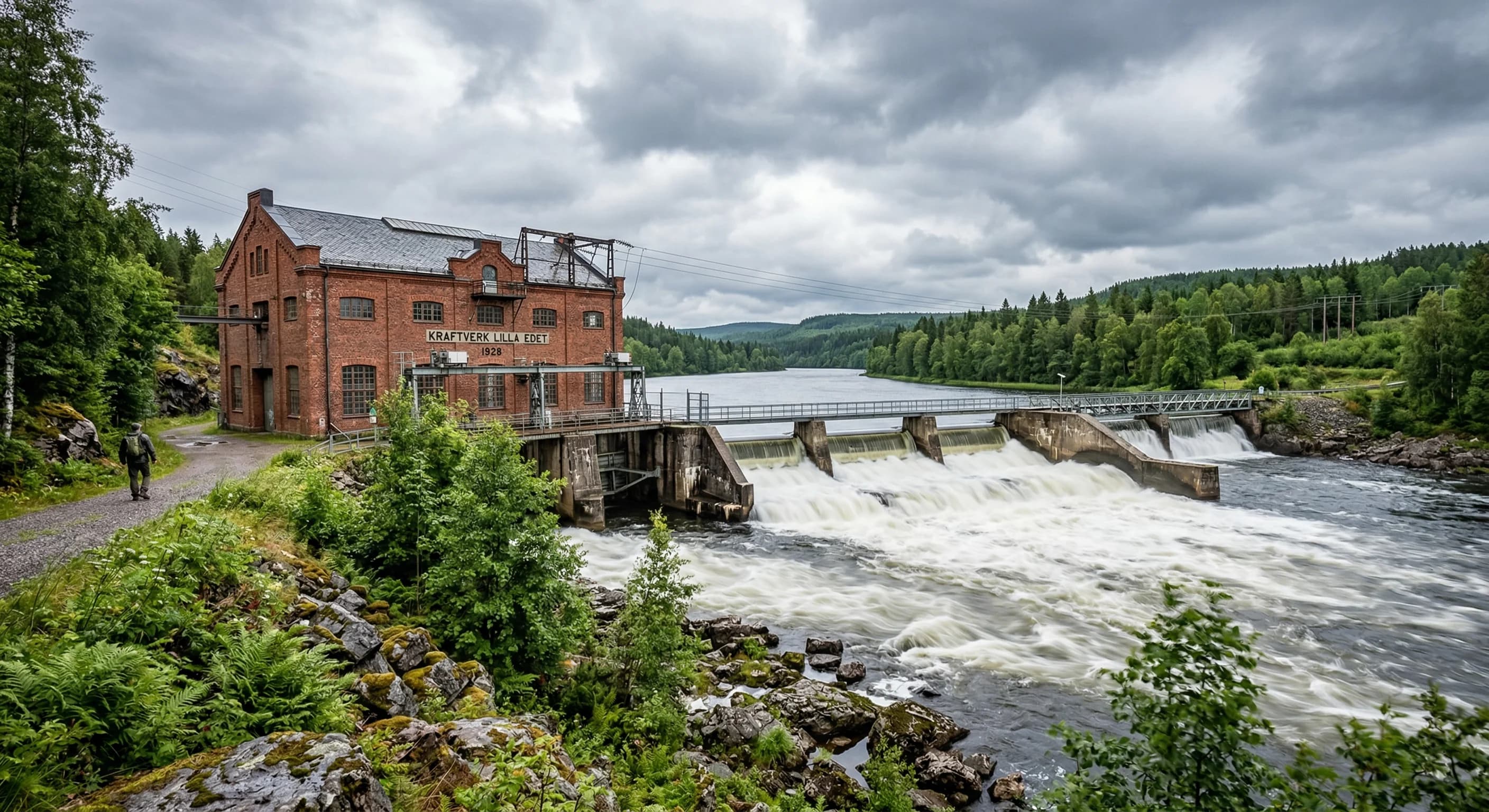 A photorealistic wide-angle shot of a historic red-brick hydroelectric power station situated on a wide, flowing river in Northern Europe. The scene features a concrete weir with rushing white water,