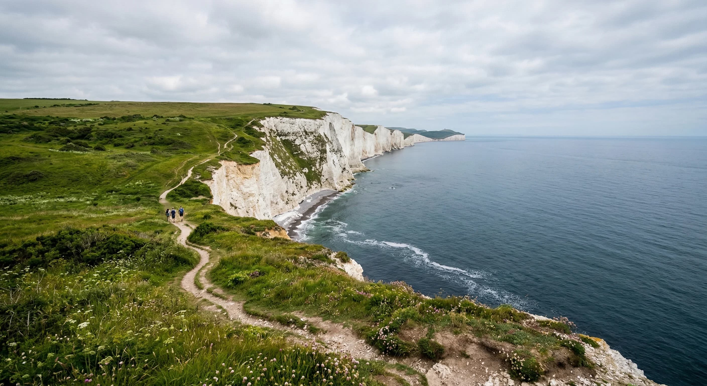 A breathtaking wide-angle landscape photograph of towering white chalk cliffs along a Northern European coastline. A narrow dirt walking path winds through vibrant green grass atop the cliff's edge, o