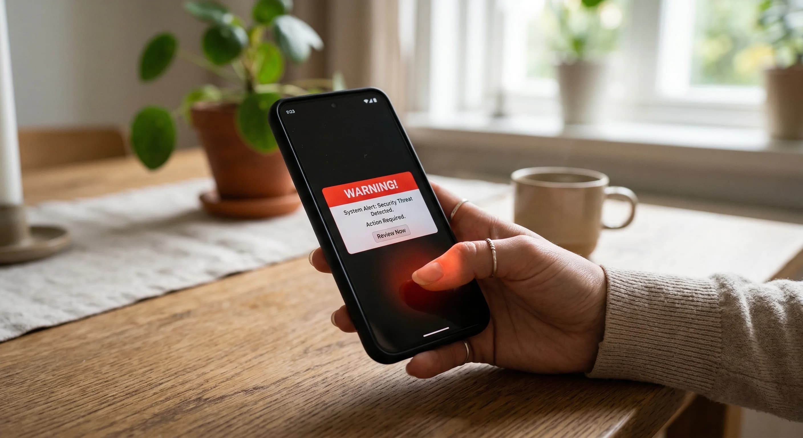 A photorealistic close-up of a hand holding a sleek smartphone in a modern, minimalist Nordic interior with soft natural light. On the screen, a red warning notification is visible, casting a faint gl