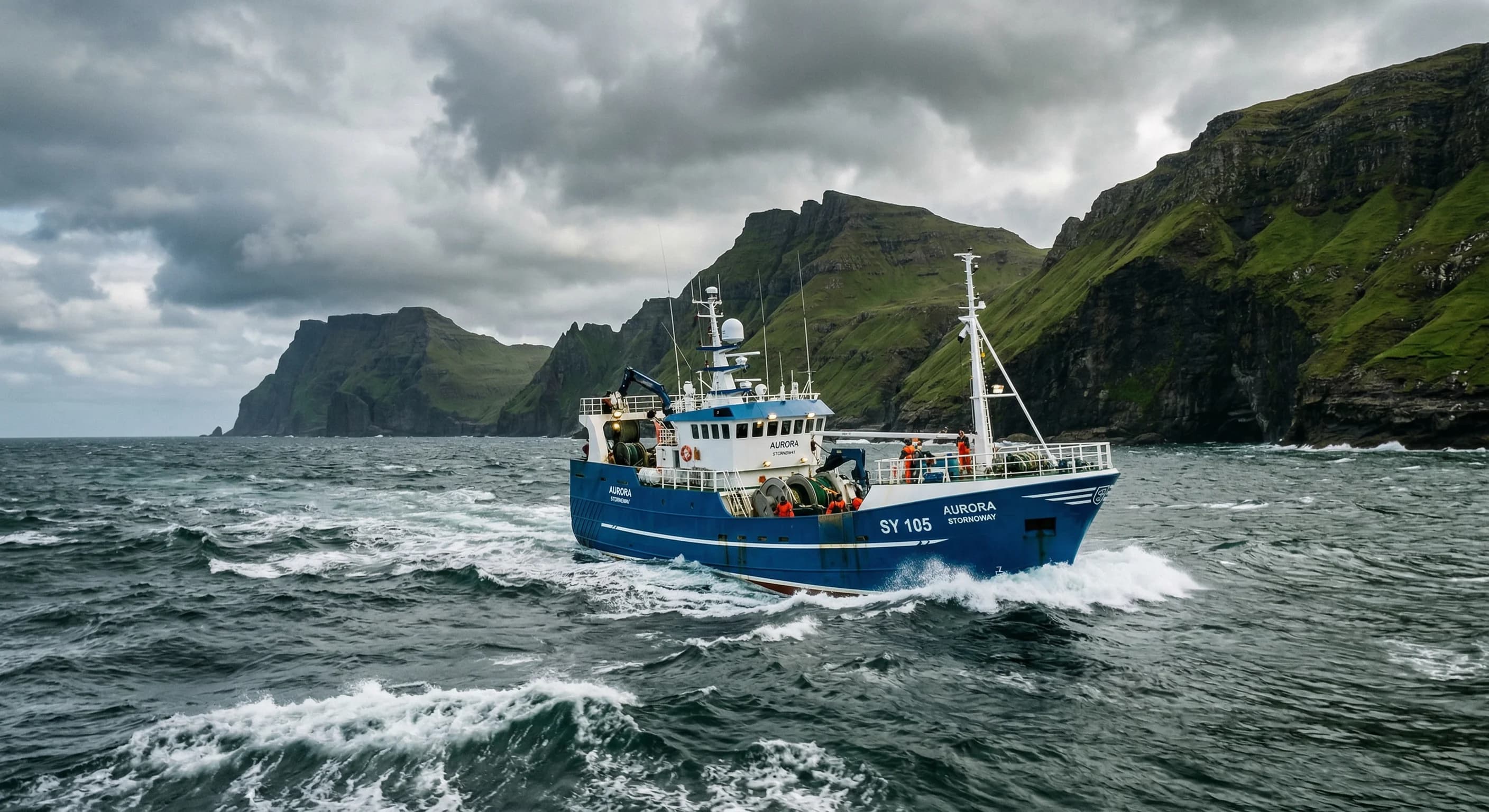A wide-angle photorealistic shot of a modern blue fishing vessel sailing through the cold, choppy waters of the North Atlantic. In the background, steep emerald-green cliffs rise sharply from the ocea