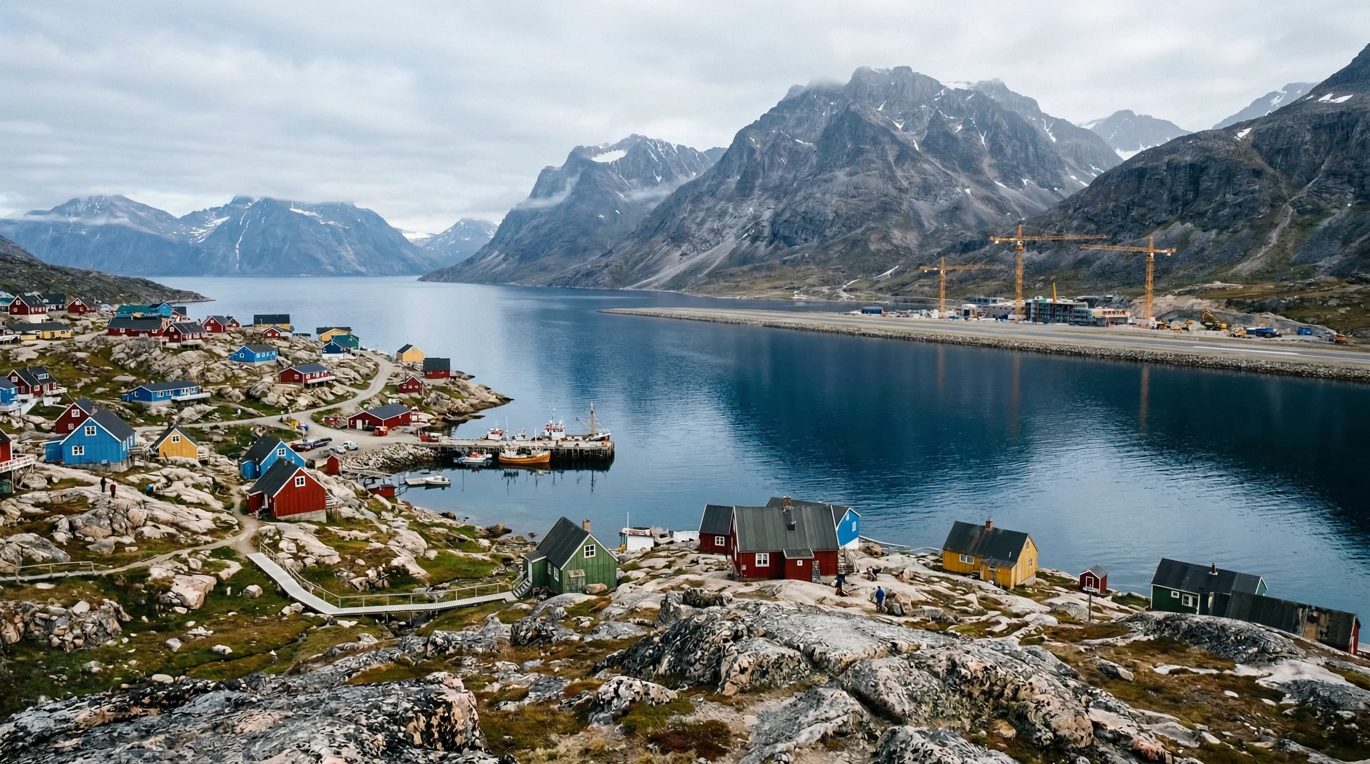 A wide-angle landscape photograph of a remote Arctic coastal town nestled between rugged mountains and a deep blue fjord. In the foreground, colorful wooden houses are scattered on the rocky terrain,