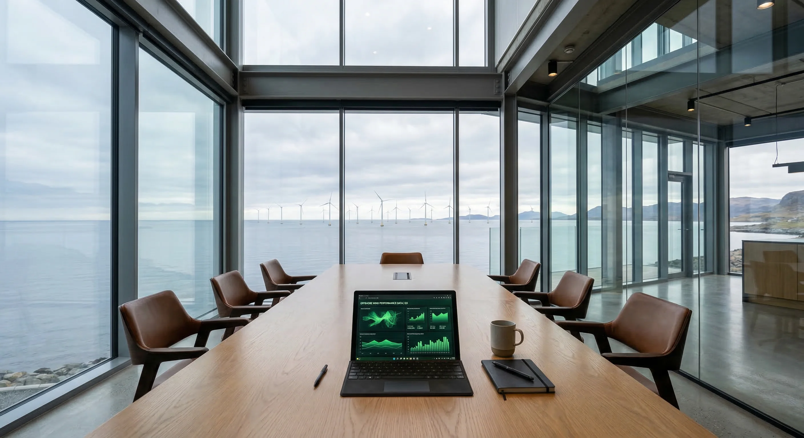 A wide-angle interior shot of a modern, minimalist glass office building with high ceilings and clean lines. Through the floor-to-ceiling windows, a row of offshore wind turbines is visible in a calm
