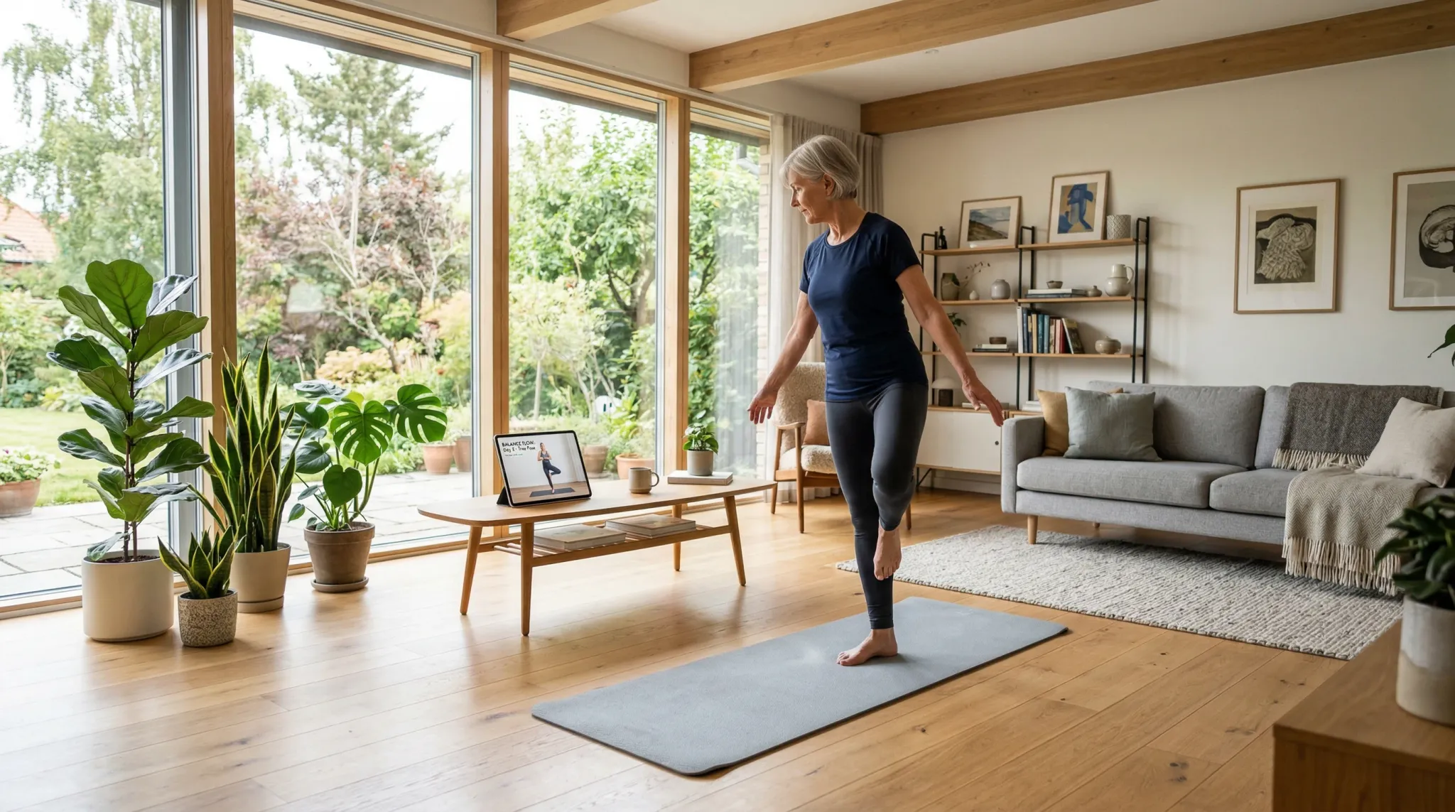 A photorealistic wide-angle shot of a bright, modern Scandinavian living room with light oak floors and large windows. An older adult is practicing a balance exercise on a soft grey yoga mat, followin