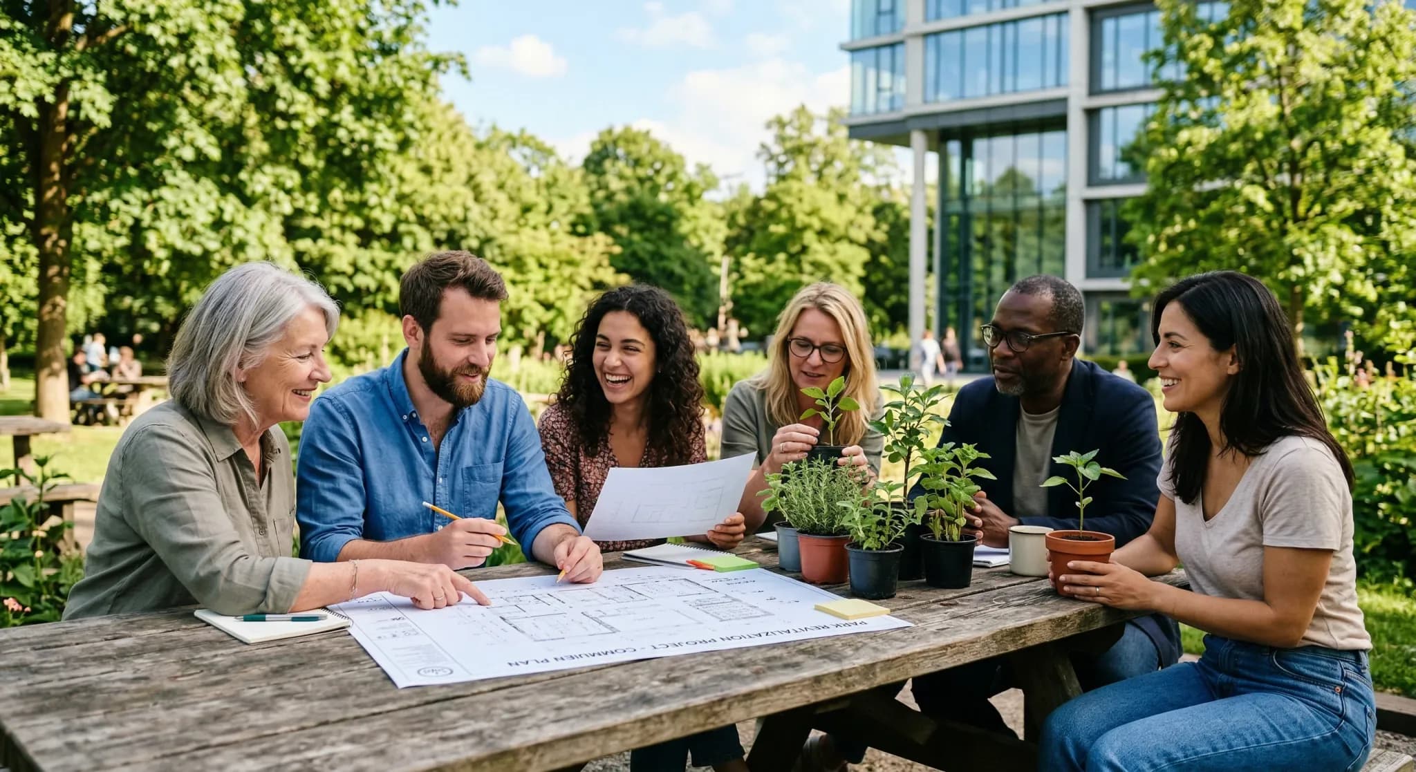 A group of diverse European neighbors gathered around a rustic wooden table in a sun-drenched public park. They are looking at architectural plans and small plant saplings, symbolizing a local communi
