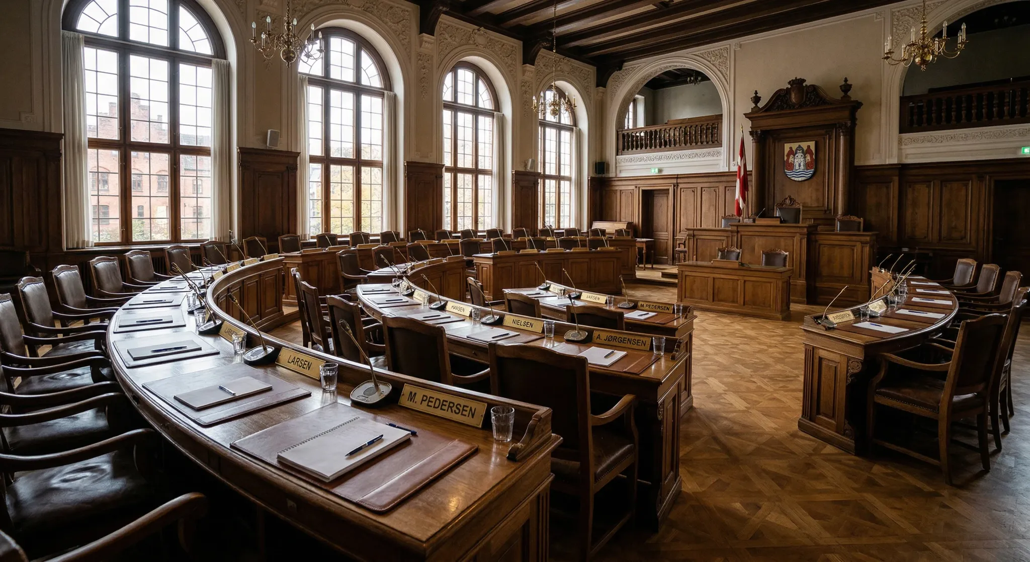A grand council chamber in a Northern European town hall with polished wooden desks arranged in a semicircle. Soft natural light streams through tall windows, illuminating nameplates and microphones o