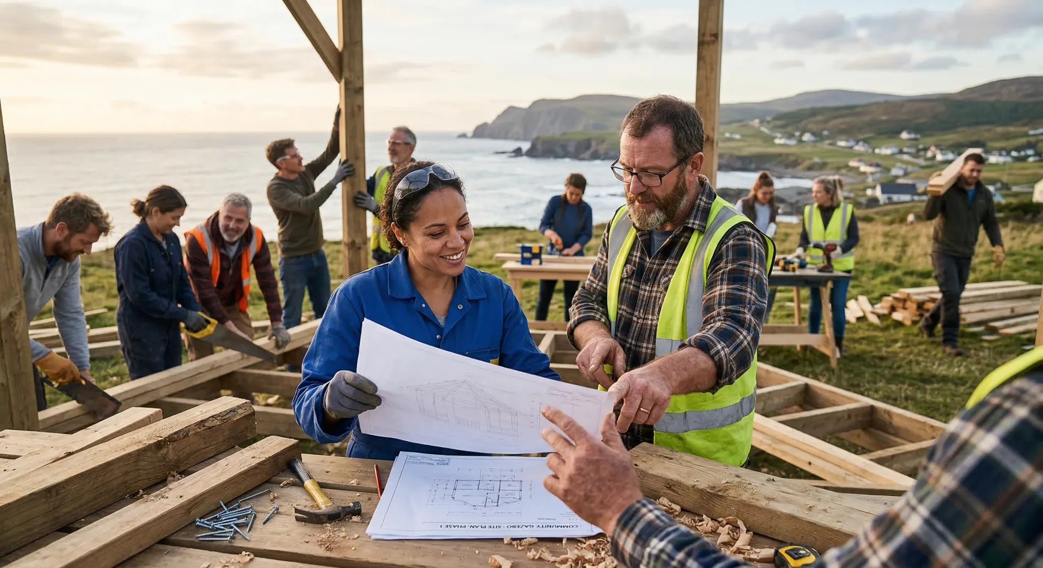 A photorealistic shot of a group of diverse European volunteers working together to assemble a wooden outdoor community space. The scene is set near a coastal grassy area with soft morning sunlight an