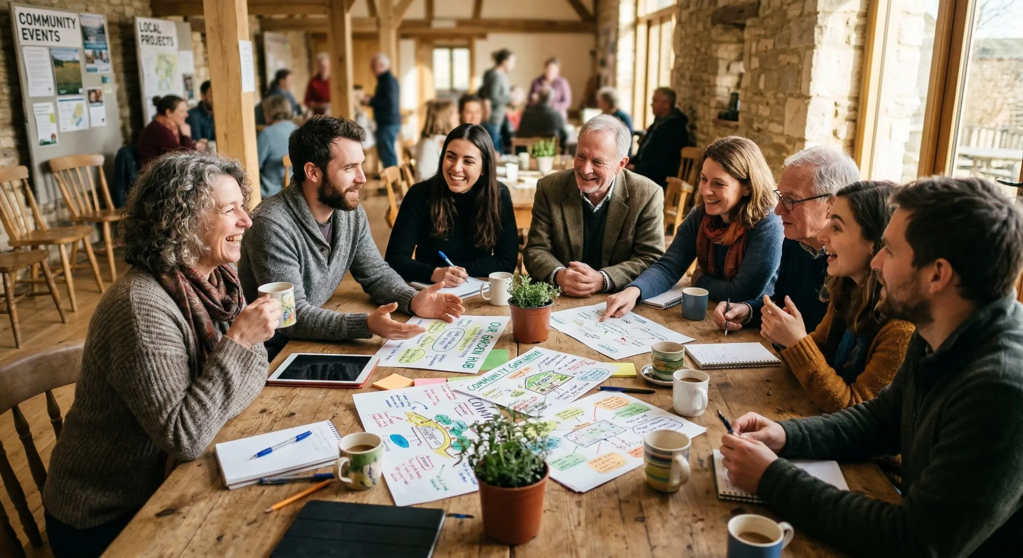 A multi-generational group of people sits around a rustic wooden table in a sunlit community hall, collaborating on project sketches and ideas in a warm, engaged atmosphere. The scene, filled with coffee mugs and colorful diagrams, emphasizes a sense of communal planning and positive interaction.
