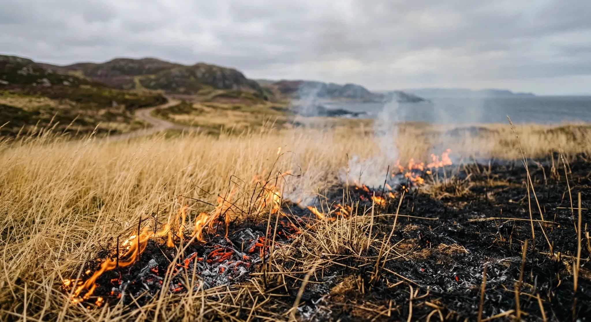 A low-angle photorealistic shot of a small, controlled fire slowly creeping through a field of dry, tall yellow grass in a coastal northern European landscape. Wisps of thin white smoke rise into a so