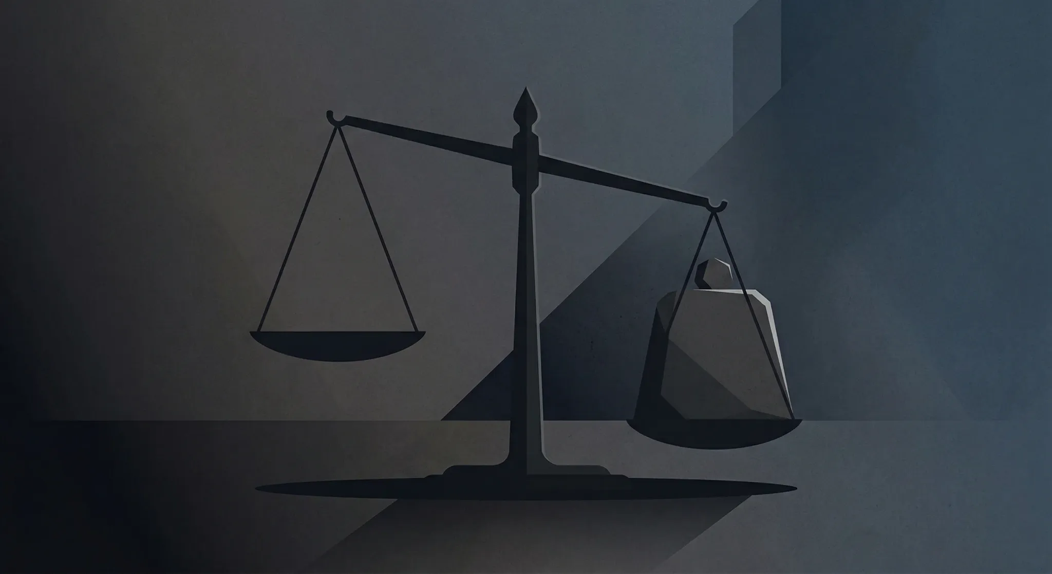 A minimalist editorial illustration featuring a dark grey silhouette of a balance scale of justice against a muted charcoal and deep blue background. One side of the scale holds a heavy geometric weig