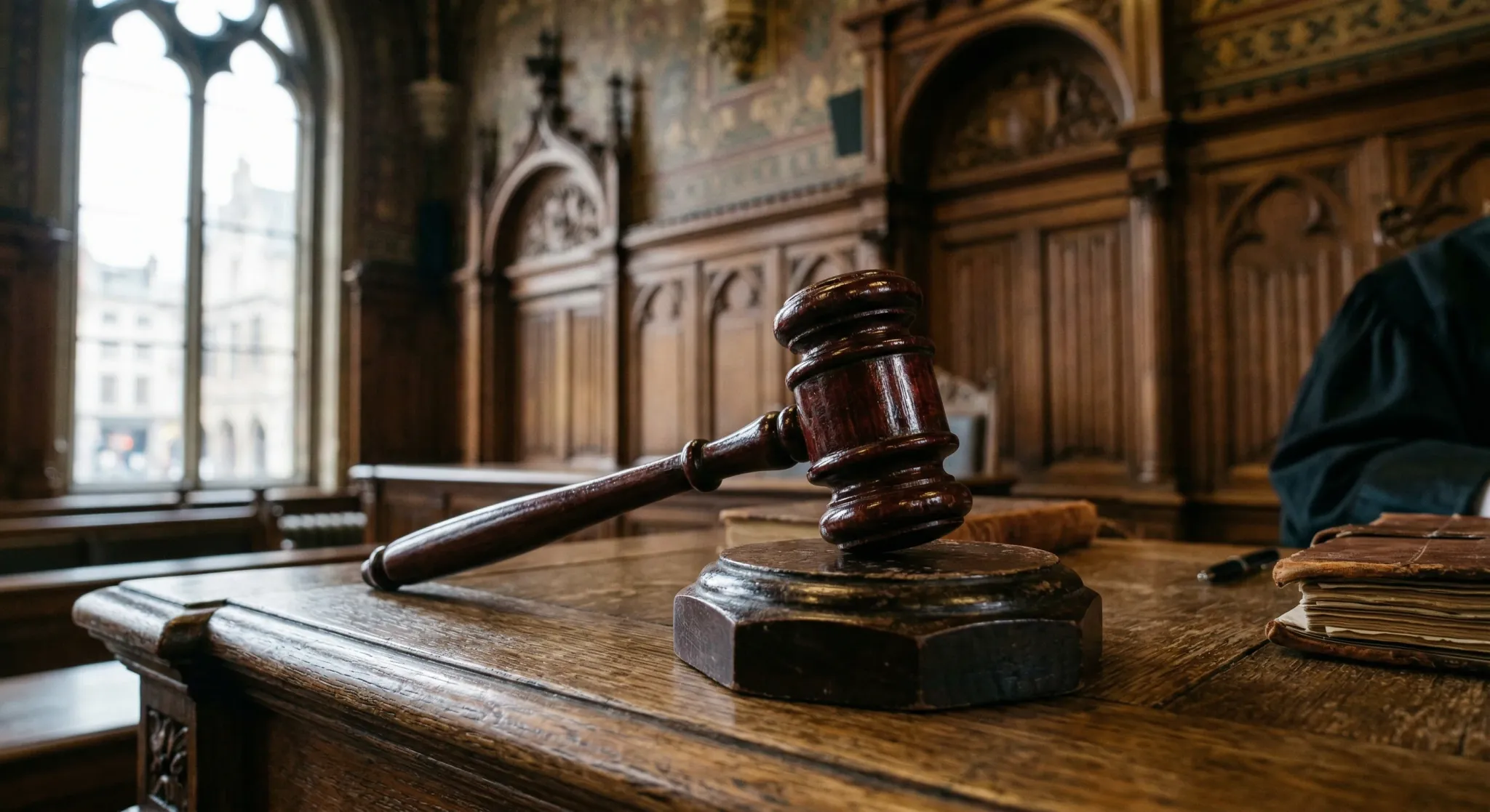 A close-up shot of a polished wooden gavel resting on a sound block in a stately European high court. The background shows the blurred ornate wood paneling of a courtroom and a large window casting so