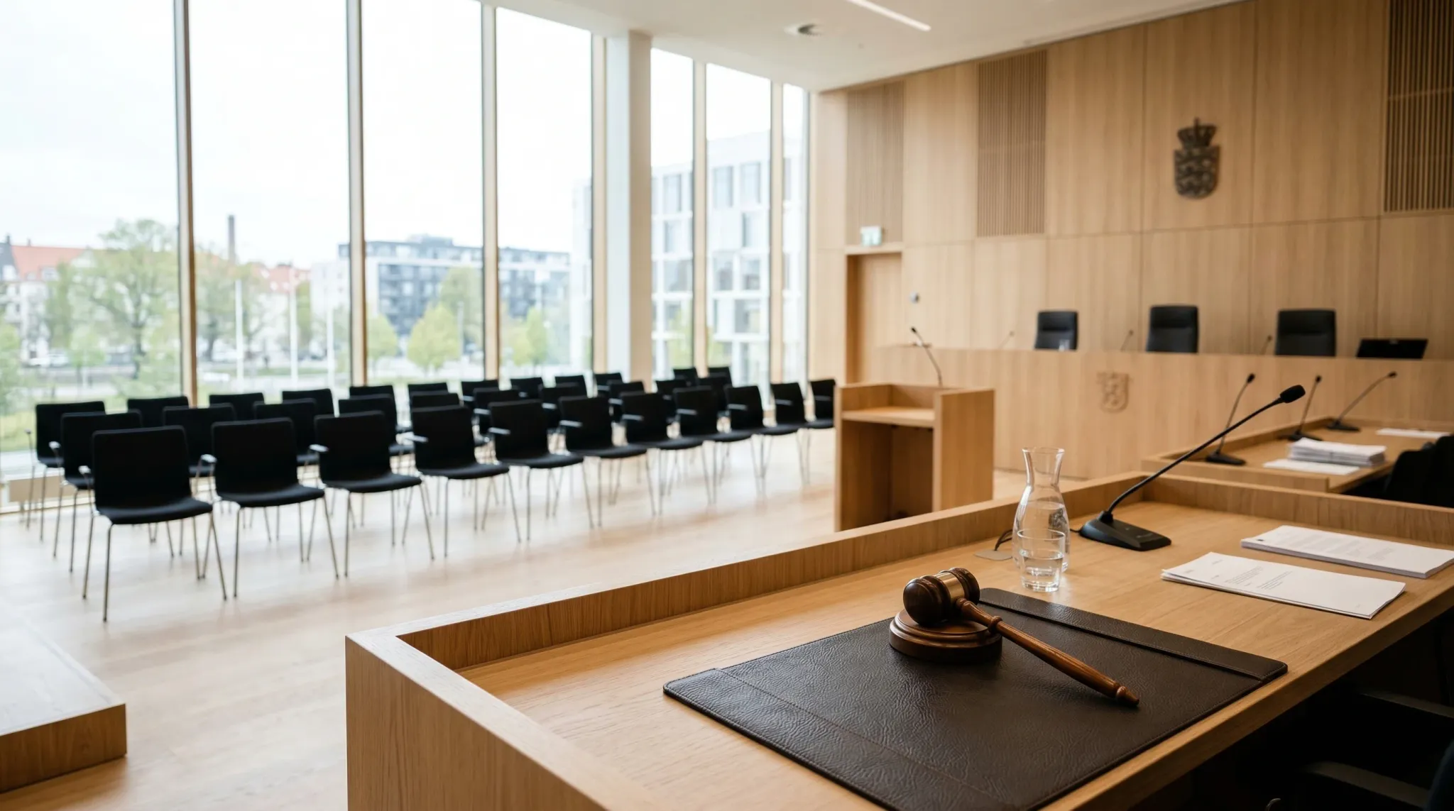 A wide-angle shot of a modern Northern European courtroom featuring light oak wood paneling and large windows that allow soft, natural daylight to fill the space. In the foreground, a polished wooden