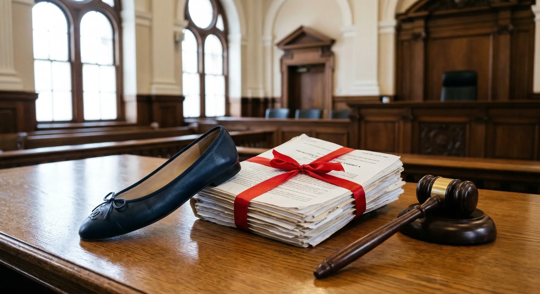 A high-angle, photorealistic shot of an elegant designer ballerina flat shoe resting on a polished oak desk in a dignified courtroom. Next to the shoe lies a thick stack of legal documents tied with a