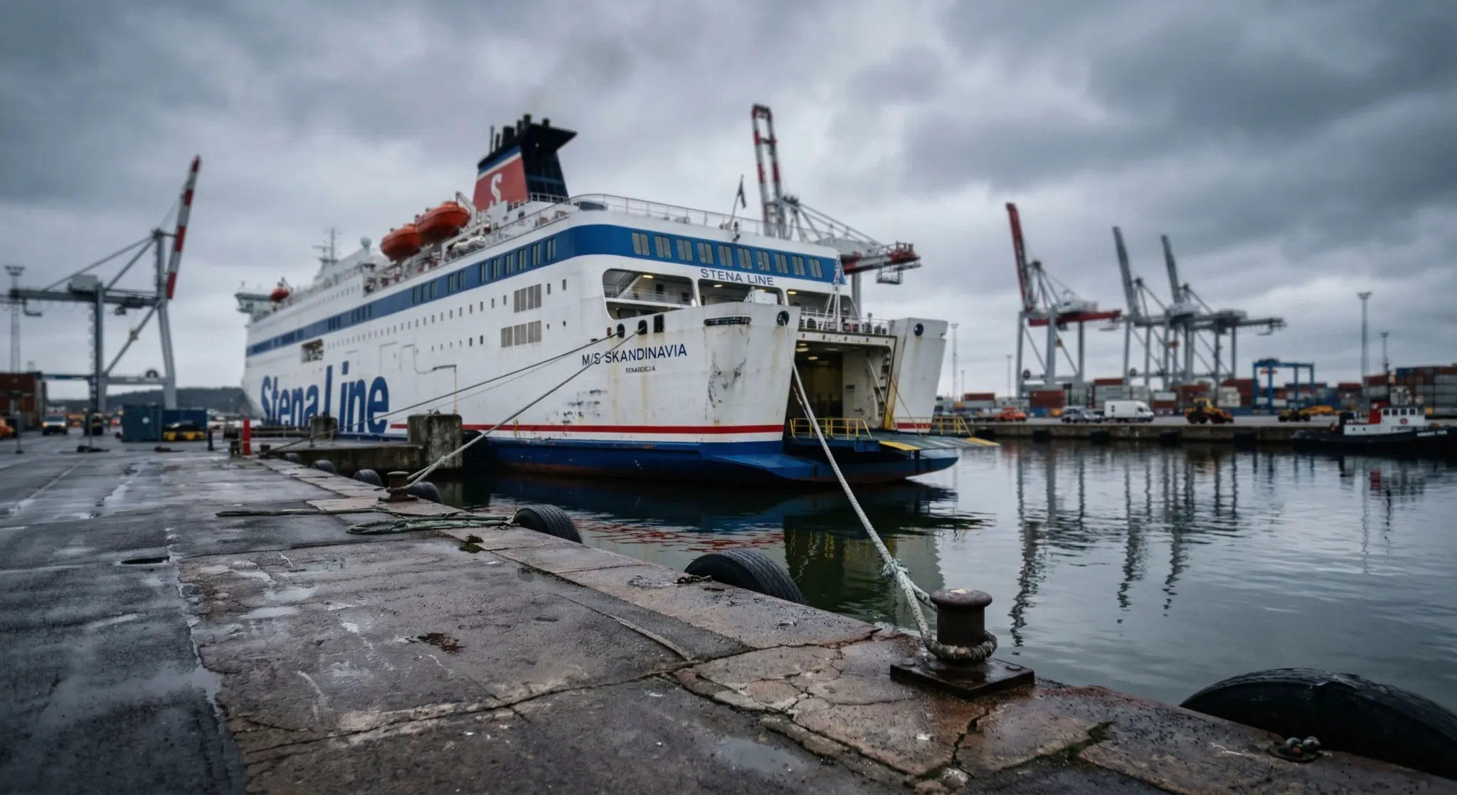 A large white and blue commercial ferry docked at a modern Northern European industrial harbor. In the background, tall shipping cranes stand against a grey, overcast sky. The water is calm, reflectin