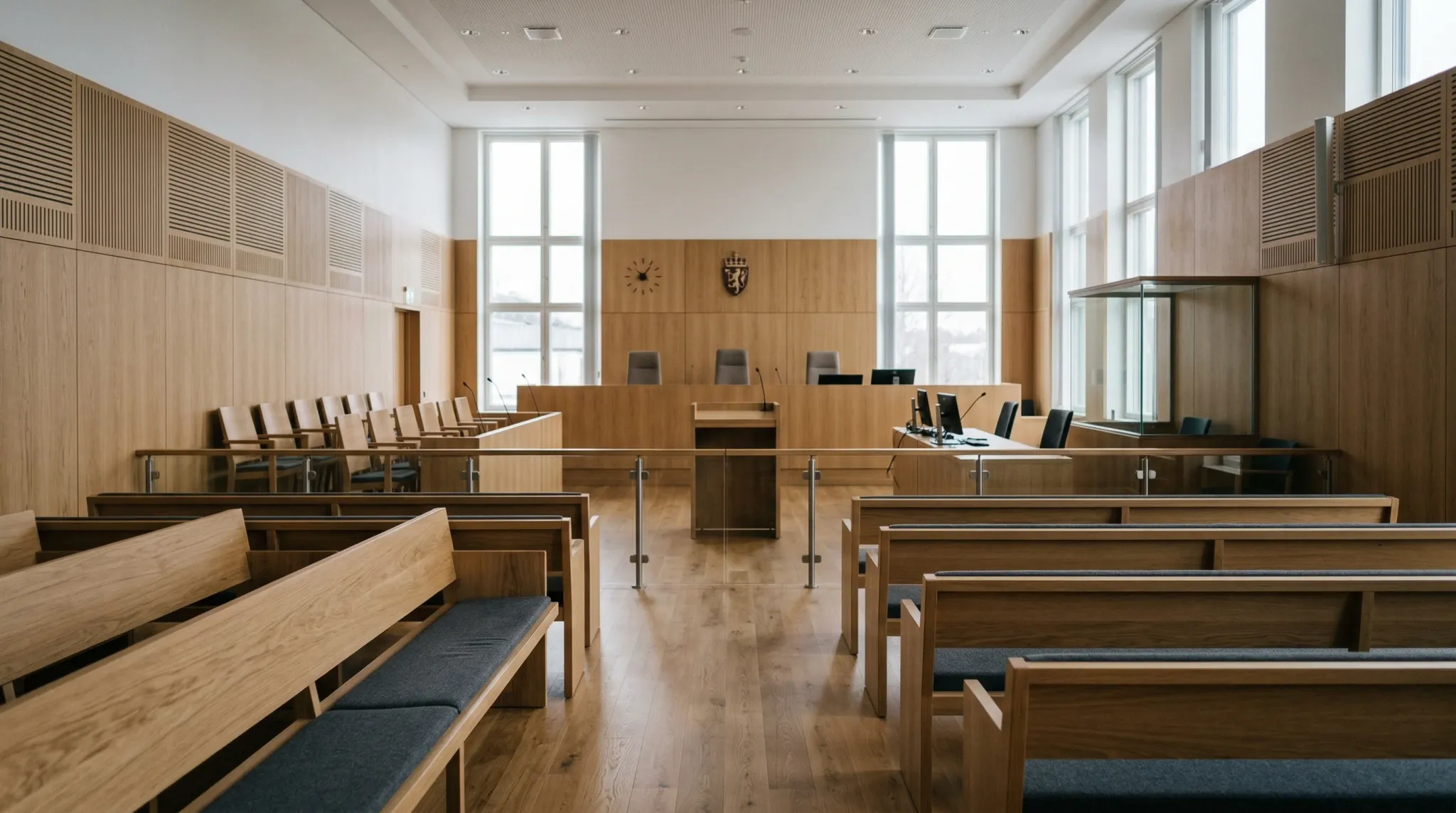A photorealistic wide-angle shot of a modern Scandinavian-style courtroom. The room features light-colored oak wood paneling, a large judicial bench at the front, and rows of empty seating for the jur