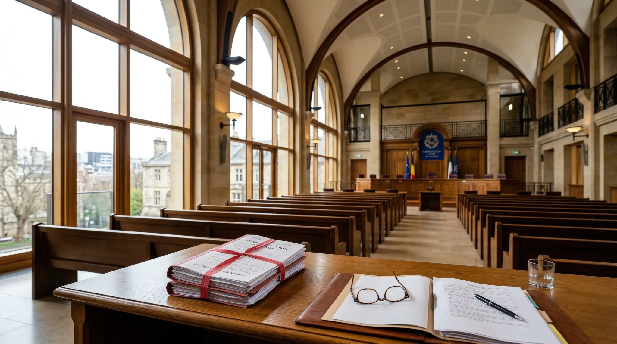 A wide-angle photorealistic shot of a modern European high court interior with wooden benches and large windows letting in soft, natural daylight. In the foreground, a professional wooden desk holds a