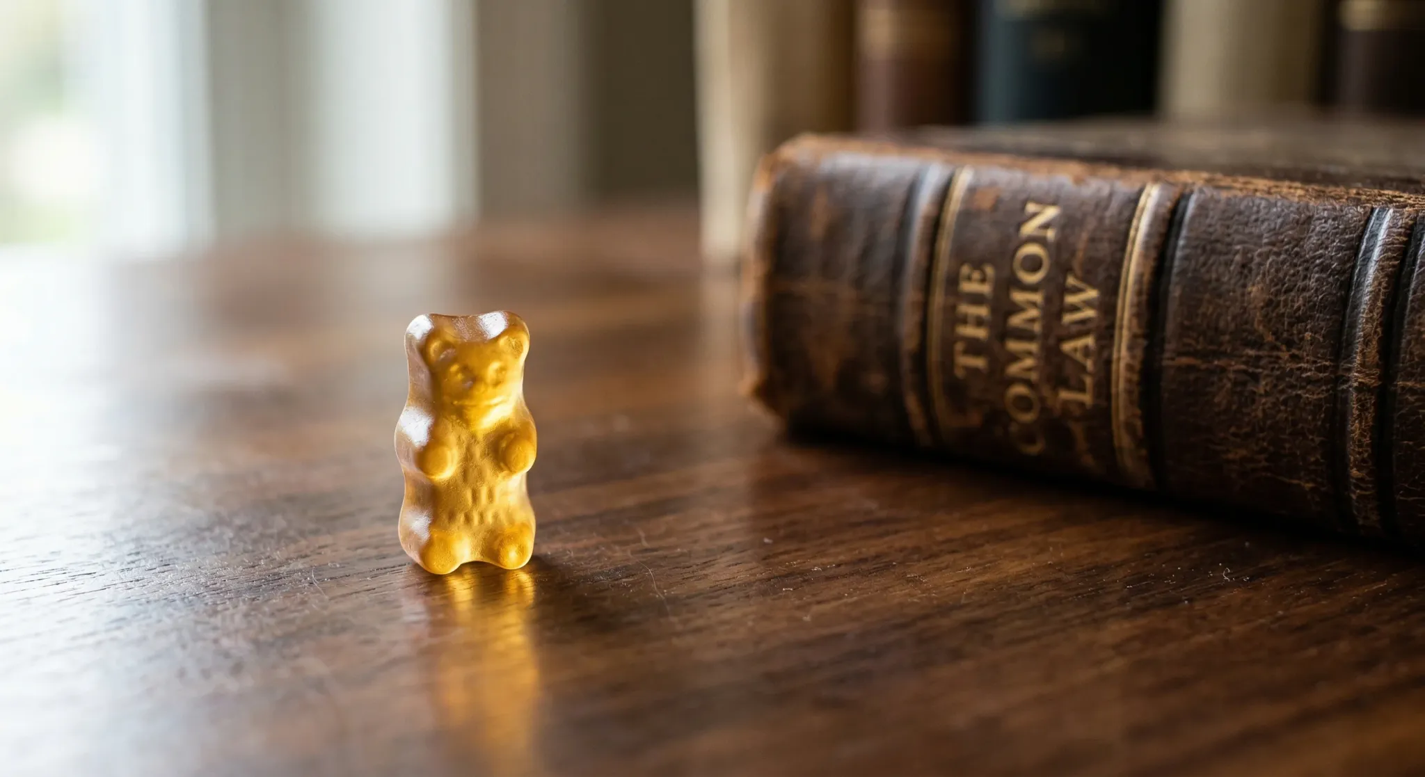 A close-up, photorealistic shot of a single translucent golden gummy bear standing upright on a polished dark wood table. Soft natural light catches the edges of the candy, creating a warm glow and a