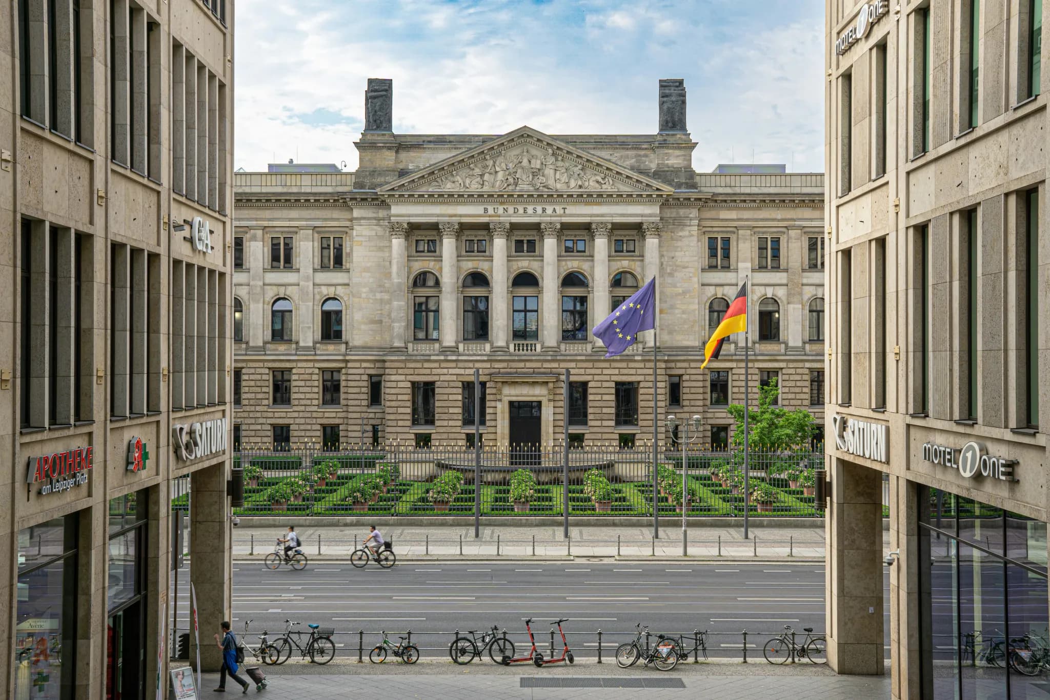 Reichstag building with german and eu flags flying