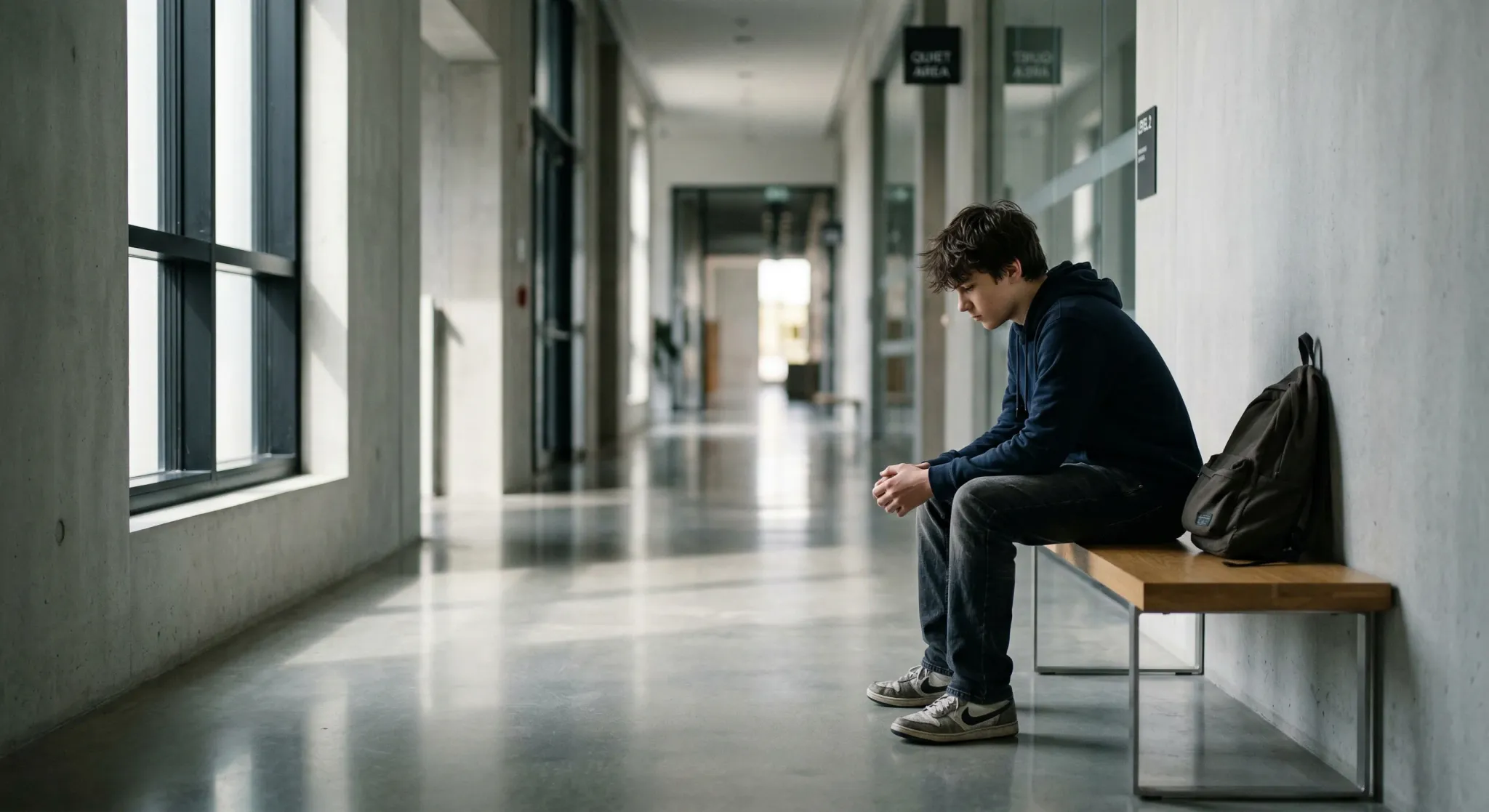 A cinematic photorealistic shot of a young teenager sitting on a bench in a minimalist, modern institutional hallway. Soft natural light streams in from a high window, creating long shadows on the pol