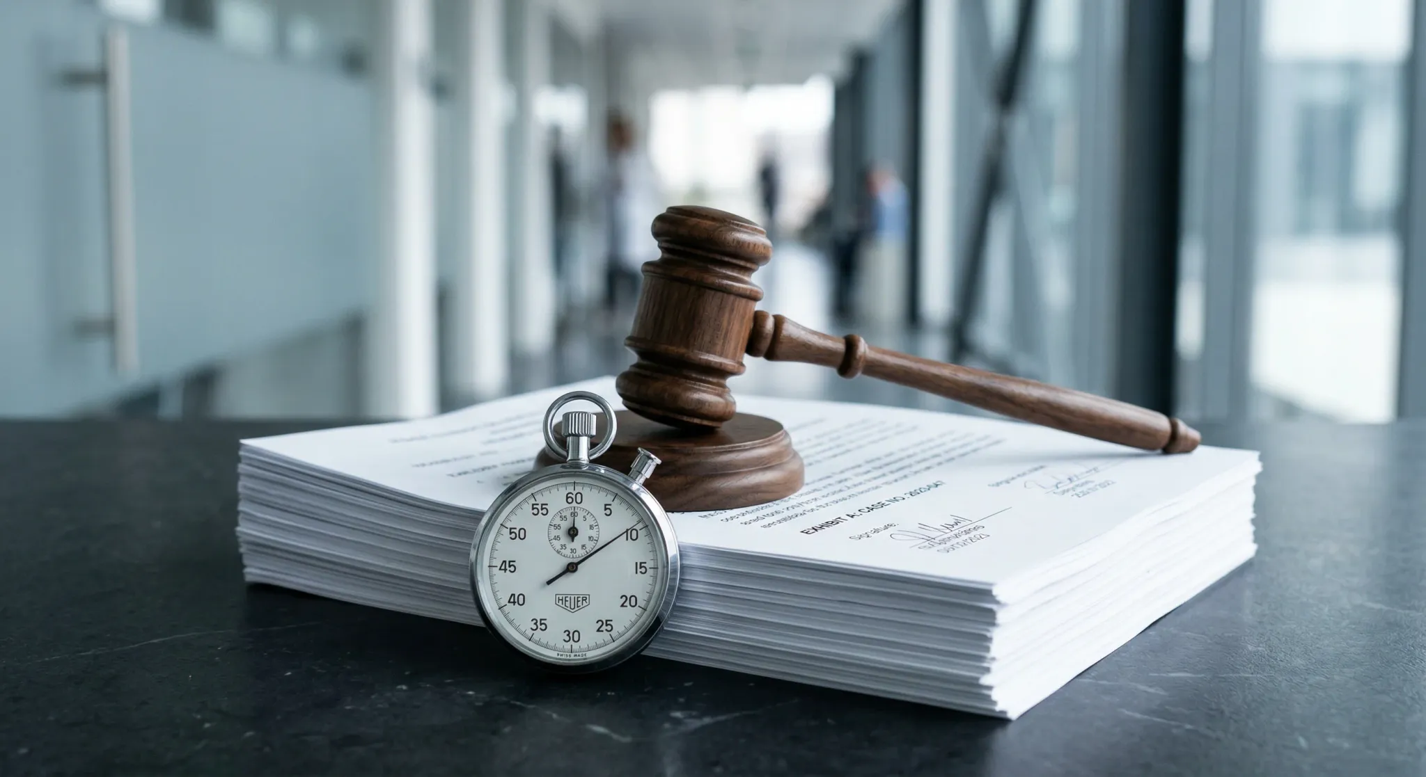 A minimalist conceptual composition featuring a dark wooden judicial gavel resting next to a precise analog stopwatch on a stack of formal white documents. The scene is shot with a shallow depth of fi