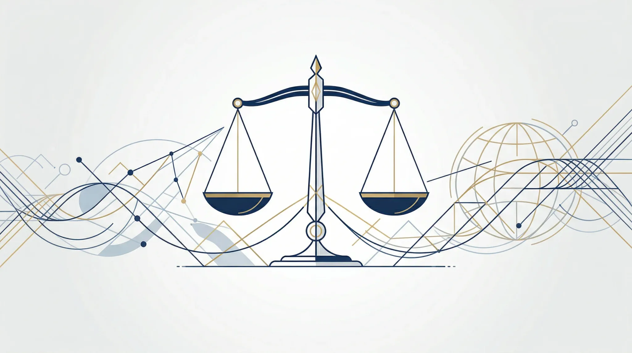 This minimalist illustration features a central set of scales of justice surrounded by intricate, flowing geometric lines and a subtle globe motif, creating a professional and balanced atmosphere. The clean, light-colored background and structured lines evoke themes of global law, technology, and systematic order.