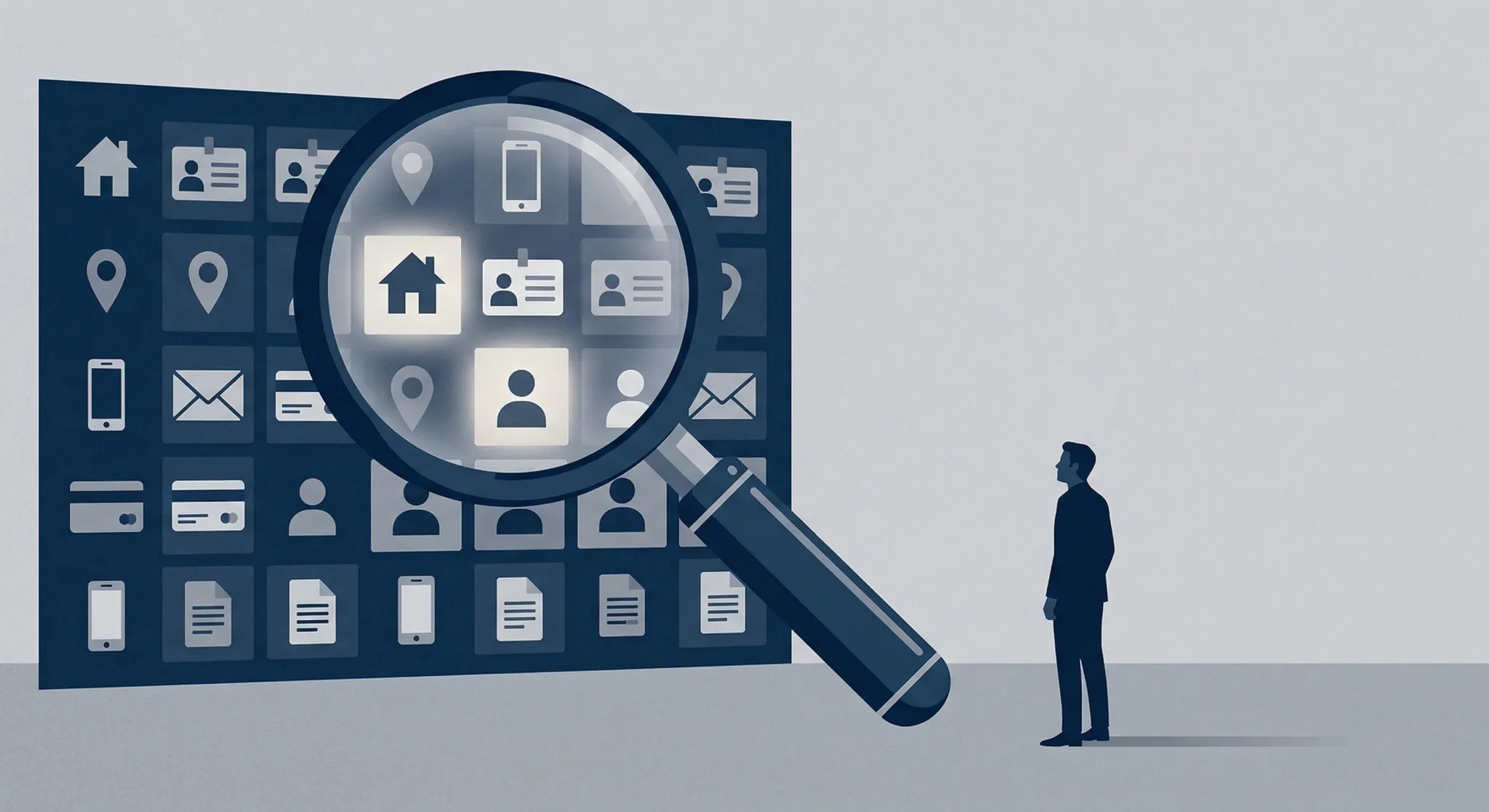 An editorial illustration in a minimalist style using a palette of deep blues and soft greys. A large, stylized magnifying glass hovers over a grid of abstract icons representing personal data like ho