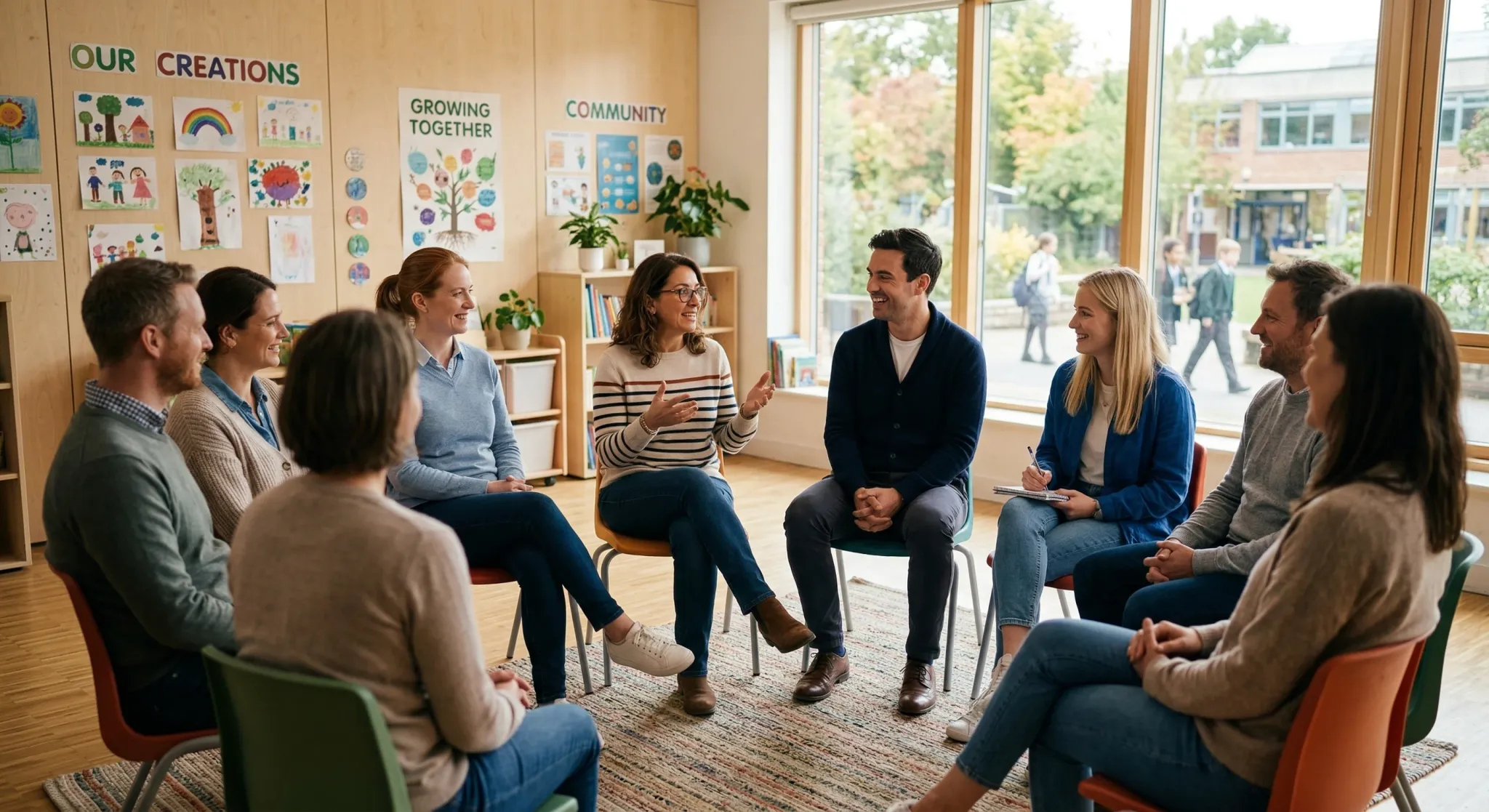 A diverse group of adults sits in a circle for a discussion inside a bright, modern school classroom decorated with children's artwork. The atmosphere is collaborative and positive, with participants engaging in a warm, attentive conversation.