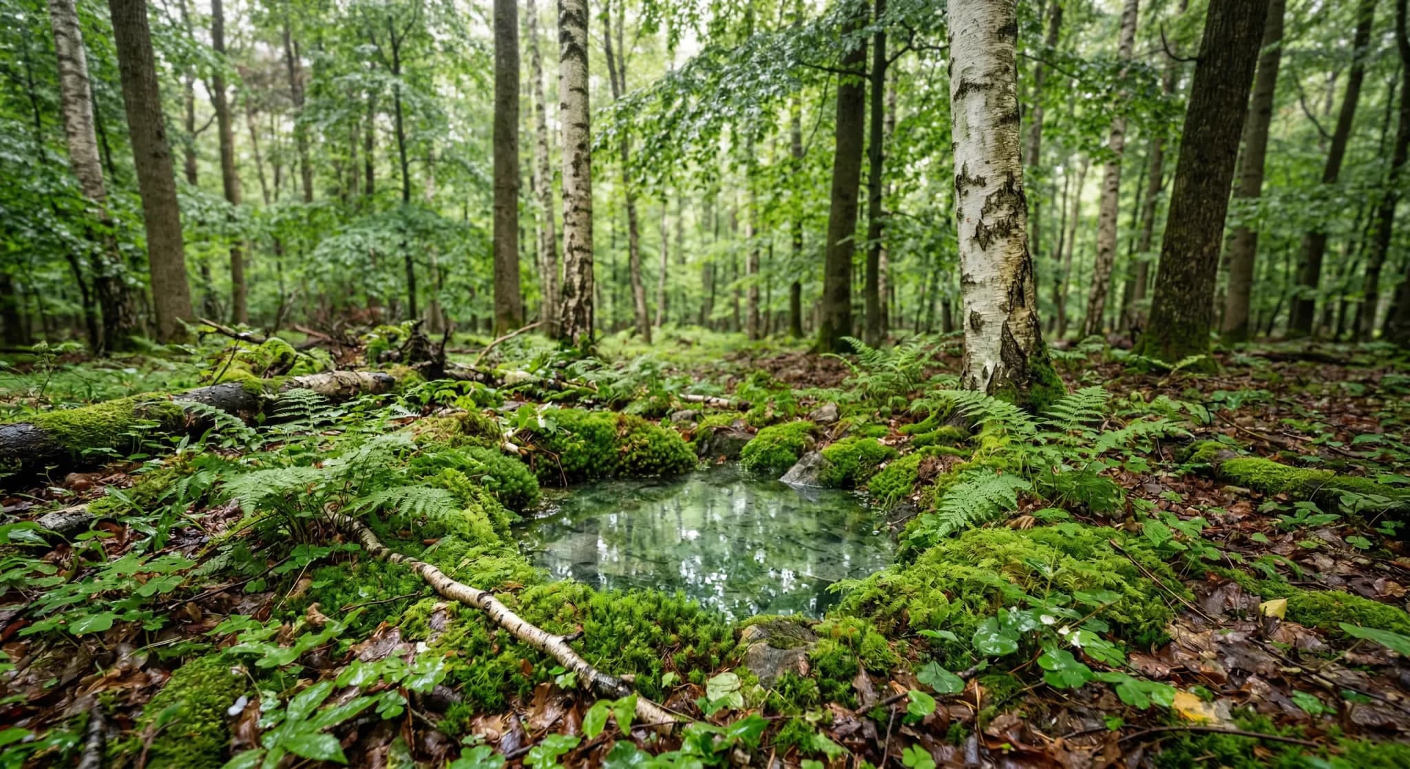 A photorealistic, wide-angle shot of a serene European deciduous forest floor after a light rain. Crystal clear water gathers in a small mossy pool among ferns and birch trees, symbolizing pure ground