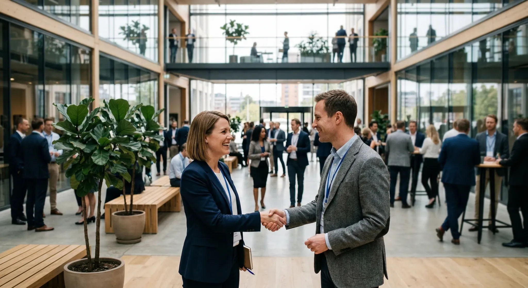 A group of professional men and women in business casual attire engaging in conversation within a bright, modern glass-walled atrium. In the shallow depth-of-field foreground, two people are shaking h
