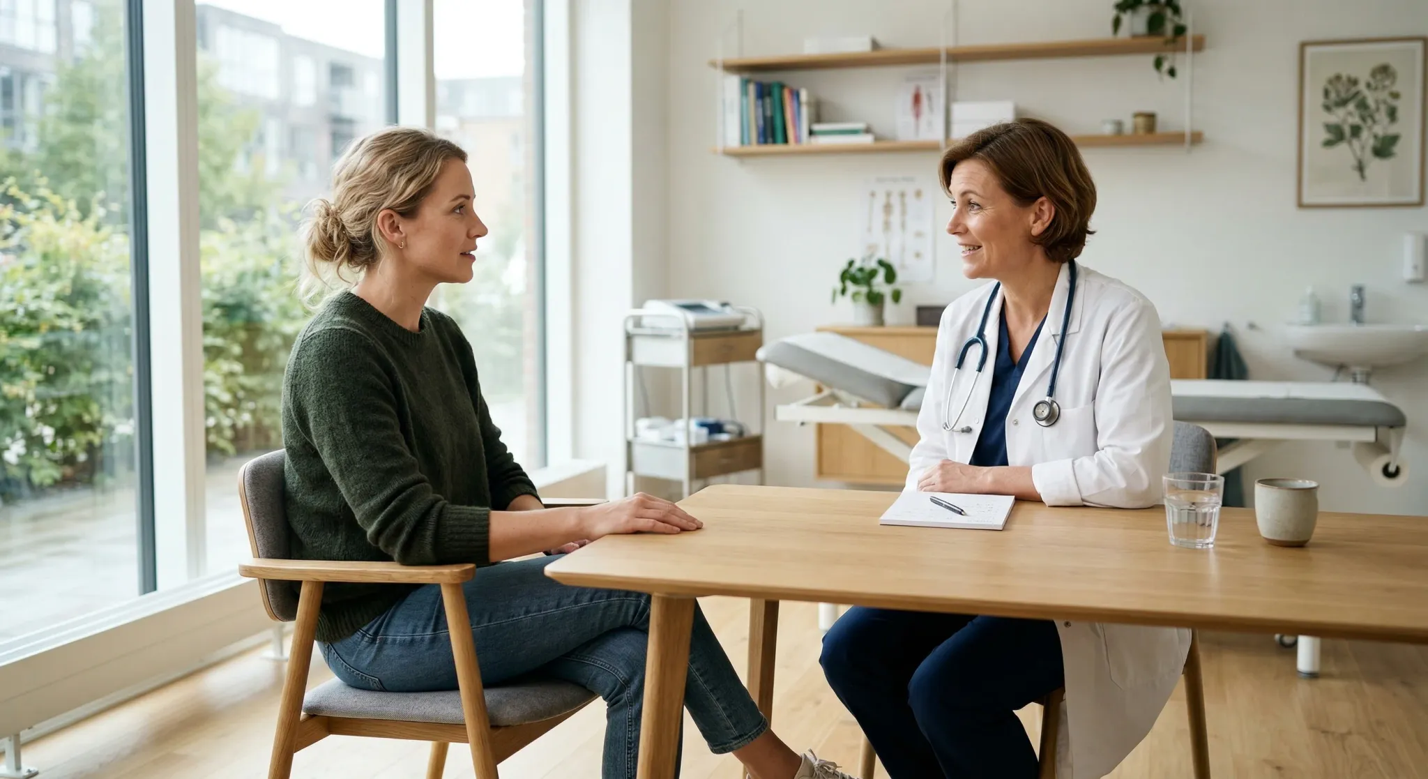 A candid, photorealistic scene in a bright, modern Scandinavian-style medical clinic with light wood accents and large windows. A woman in her thirties sits across from a doctor in a white coat, engag