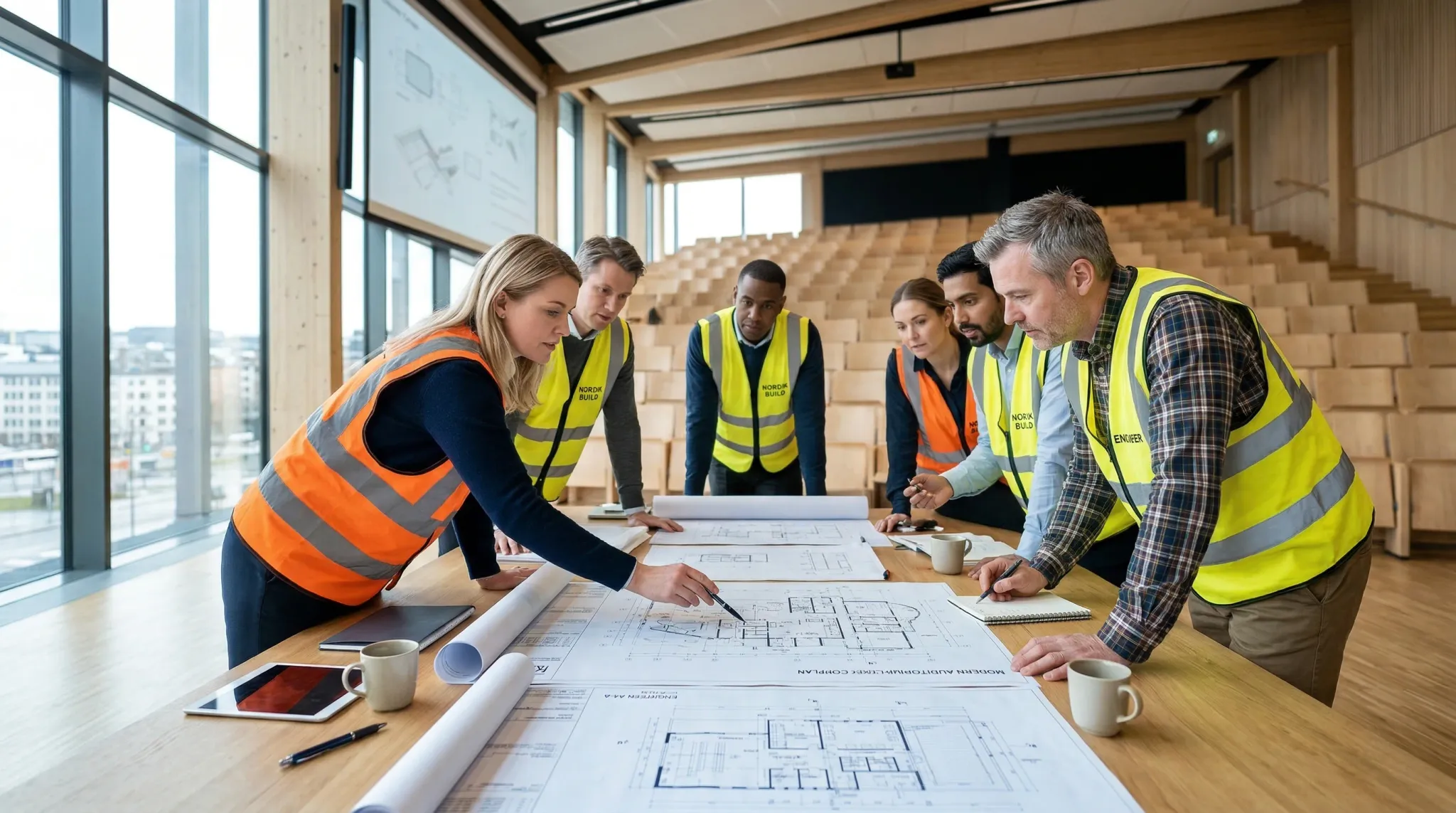 A wide-angle photorealistic shot of a professional meeting in a bright, modern Scandinavian auditorium. Several people in business casual attire and high-visibility vests are looking at large architec