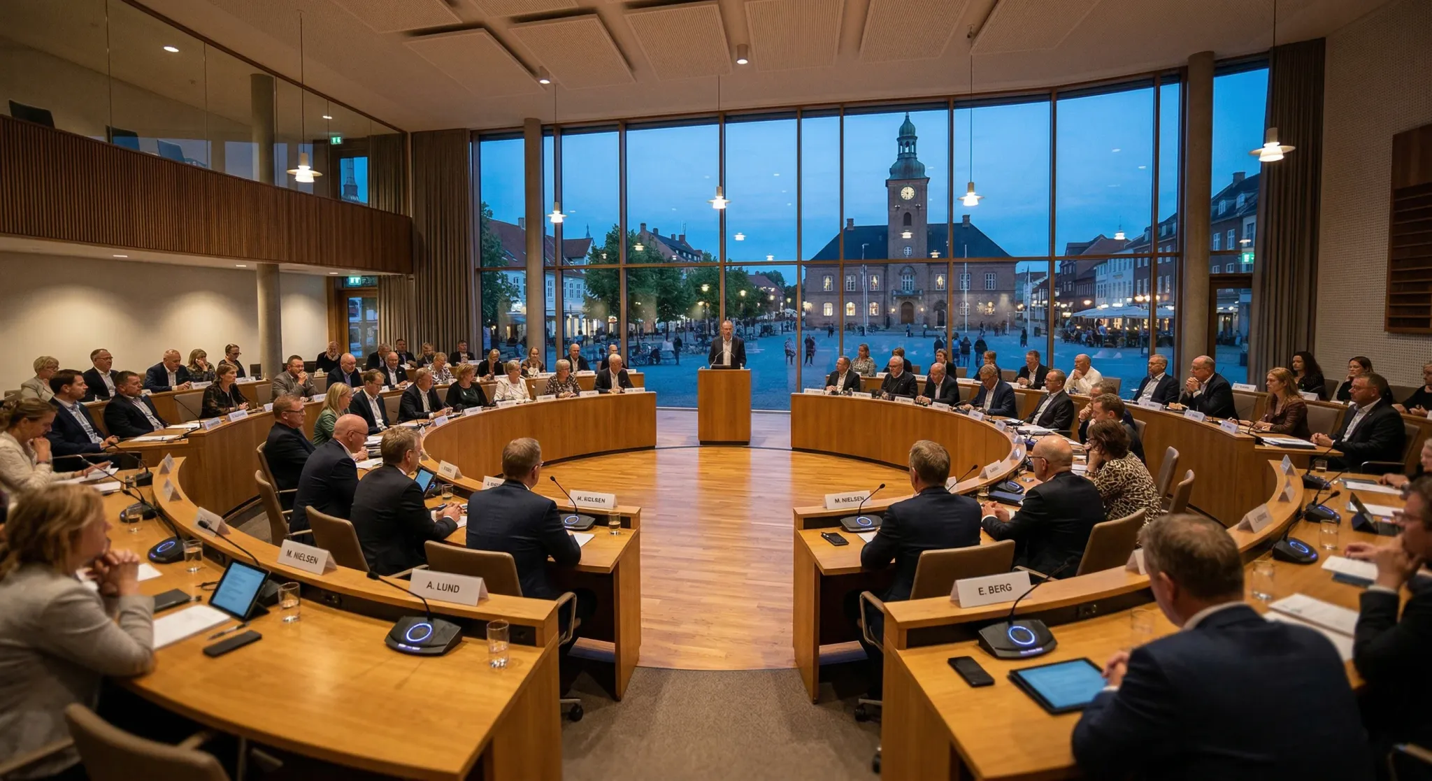 A modern council chamber in Northern Europe with wooden desks arranged in a semi-circle and microphones. Soft natural light flows through large windows overlooking a town square at dusk. The scene is