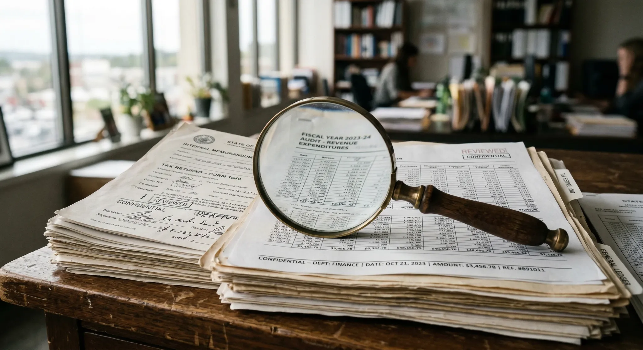 A photorealistic close-up of a magnifying glass resting on a stack of official government documents and financial spreadsheets on a wooden desk. The scene is illuminated by soft, natural light coming