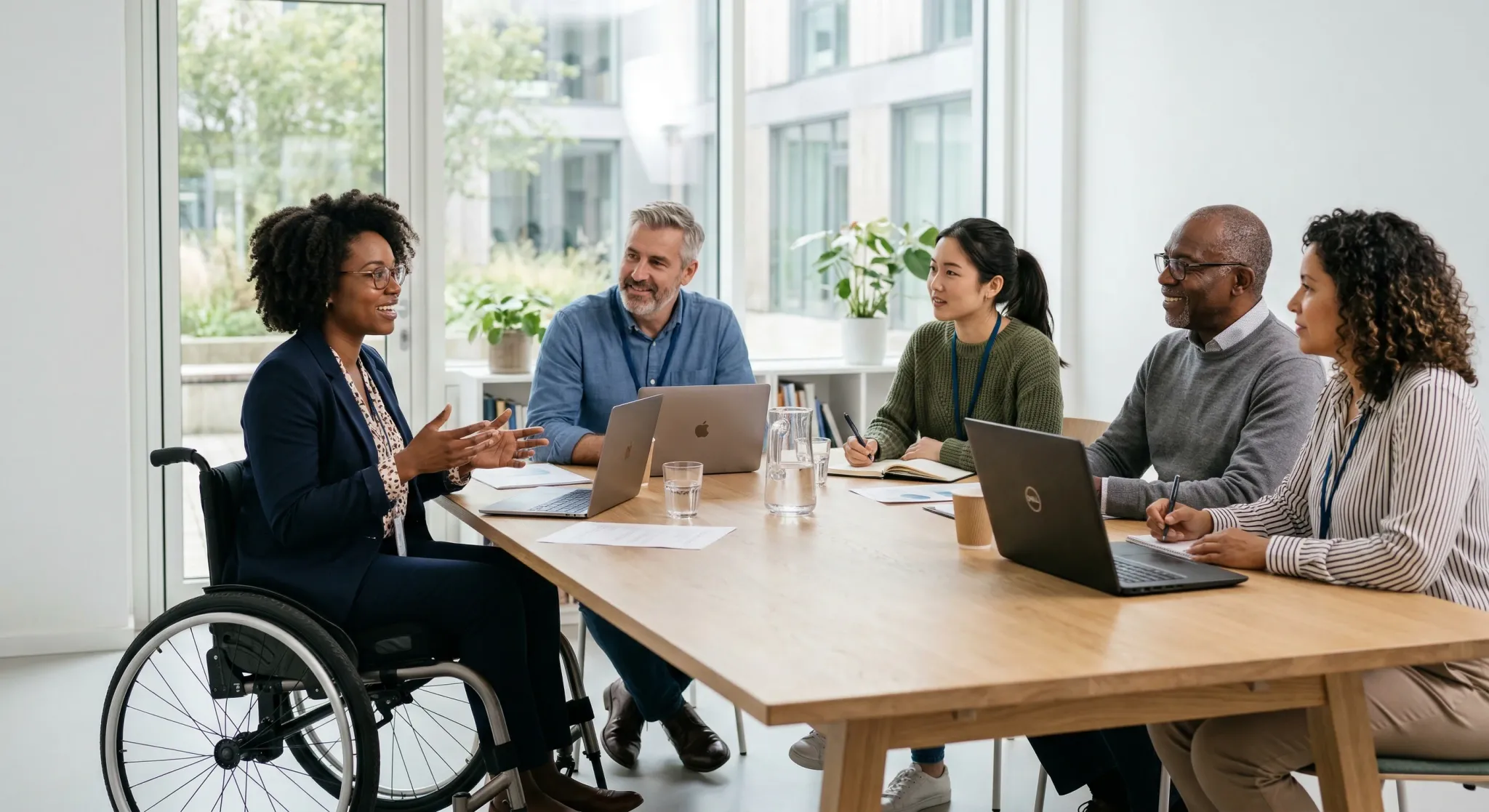 A diverse group of people, including an individual in a modern wheelchair, sit around a light wood conference table in a bright, airy room with large windows. The scene is captured with soft natural l