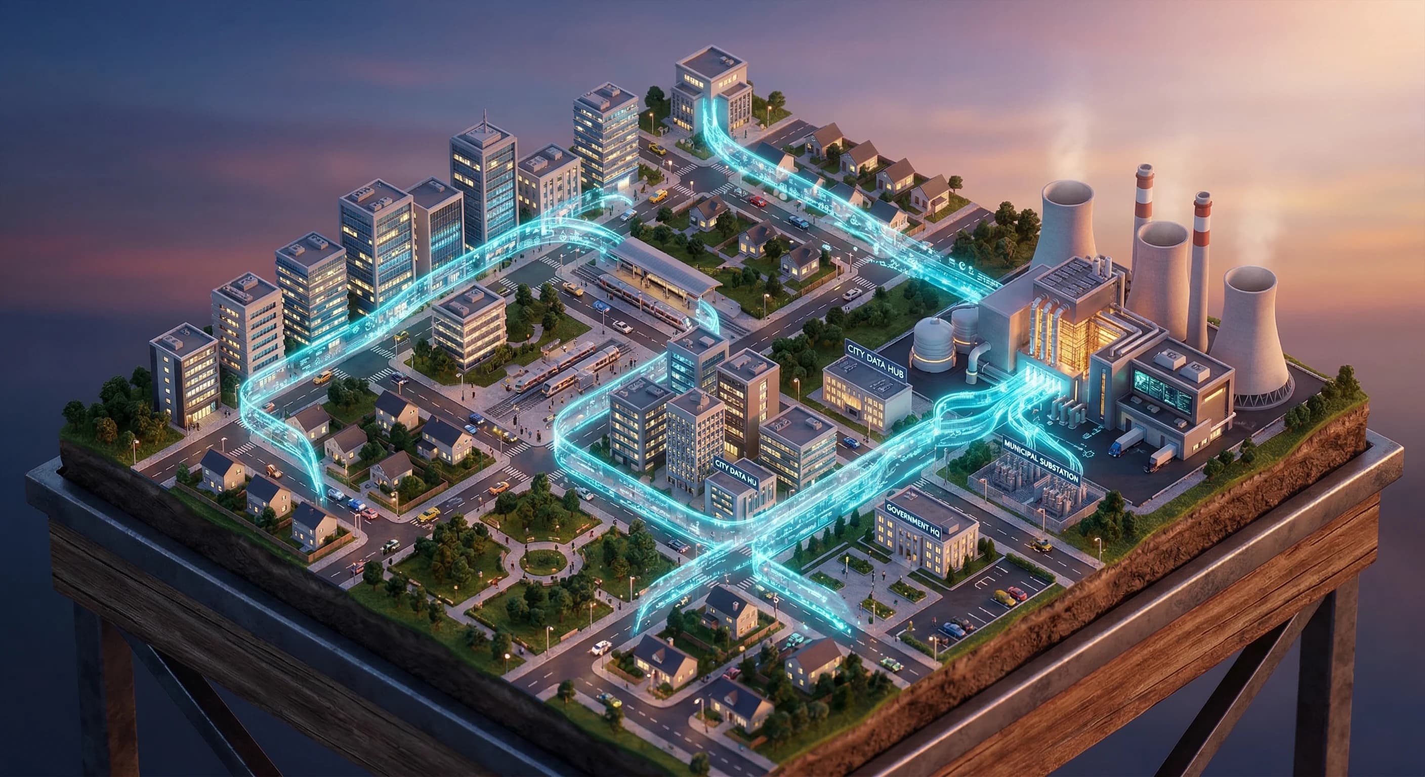 An isometric 3D miniature diorama of a modern urban landscape under a soft twilight glow. Glowing blue translucent data streams flow between houses, small office buildings, and a large power plant, sy