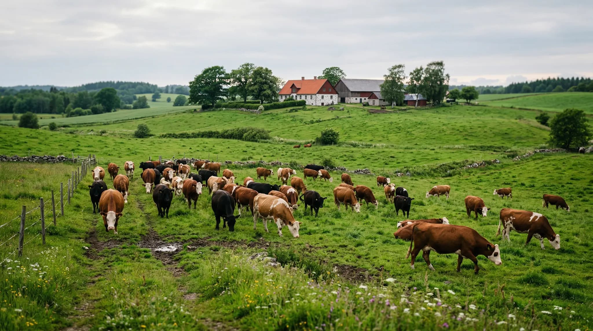 A photorealistic wide-angle shot of a herd of cattle grazing in a lush green pasture in Northern Europe. In the distance, a traditional farmhouse with a red roof sits under a soft, overcast sky. The i