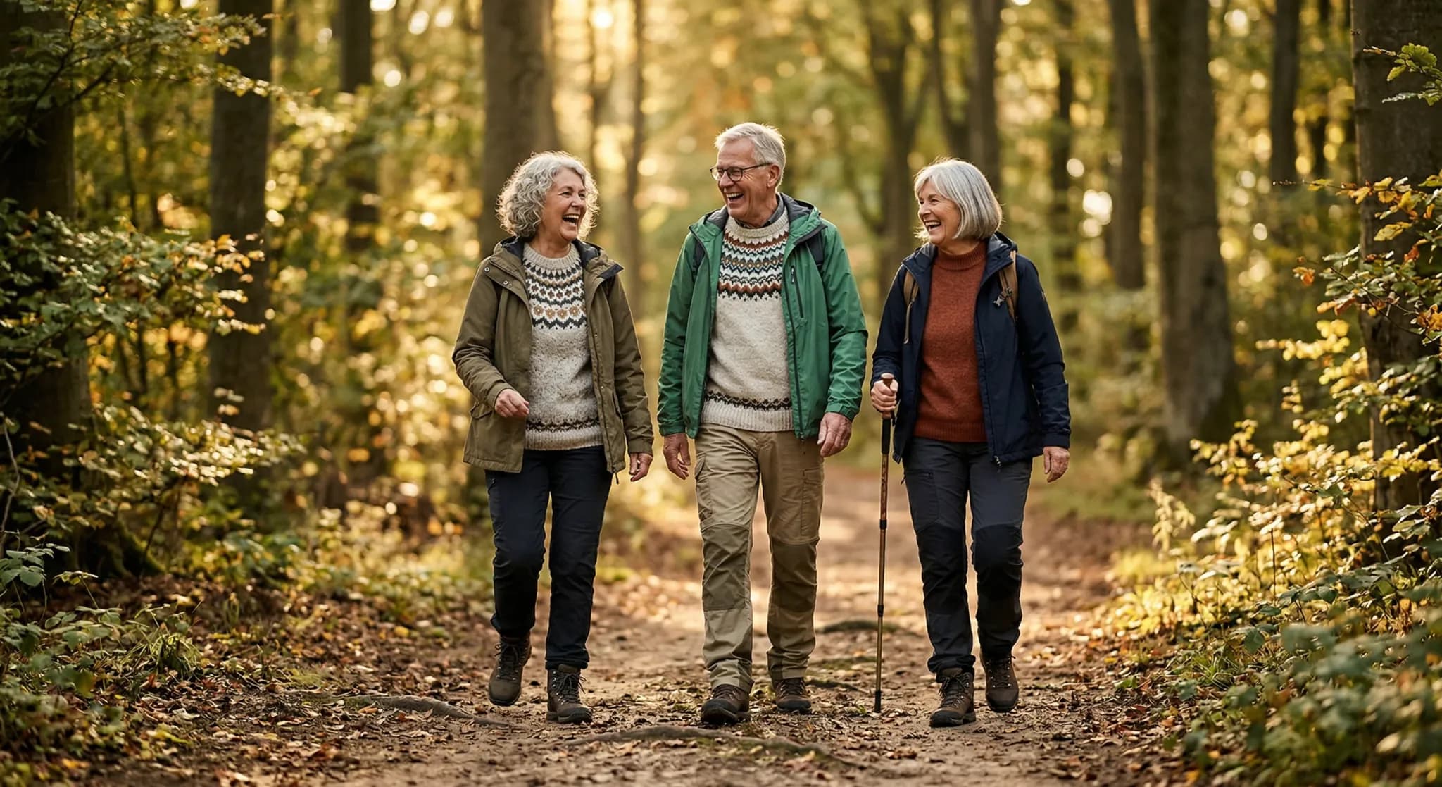 A candid photorealistic shot of three active senior citizens, two women and a man, laughing while walking together on a forest path during golden hour. They are wearing casual Scandinavian-style outdo