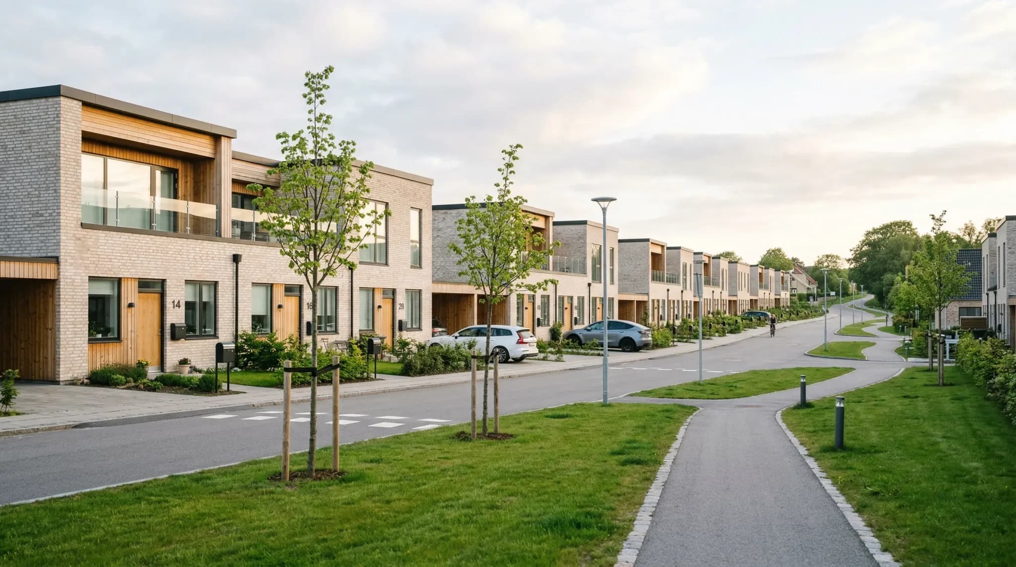 A wide-angle photorealistic shot of a newly constructed residential neighborhood in Northern Europe. Modern light-colored brick row houses with wooden accents and flat roofs line a clean paved street
