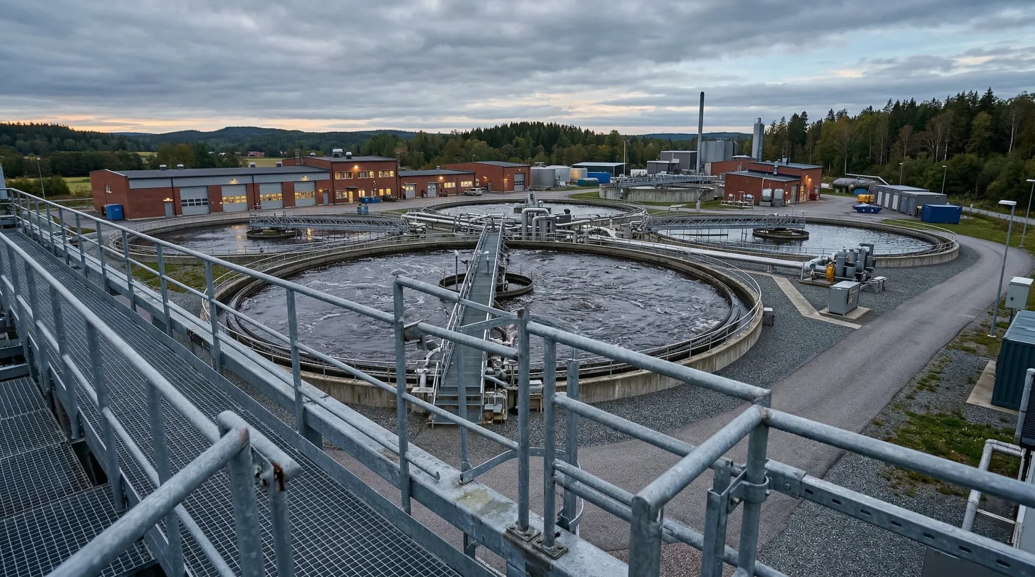 A wide-angle photorealistic shot of a modern European wastewater treatment facility at dawn. Large circular concrete aeration tanks filled with rippling water are surrounded by neat gravel paths and l