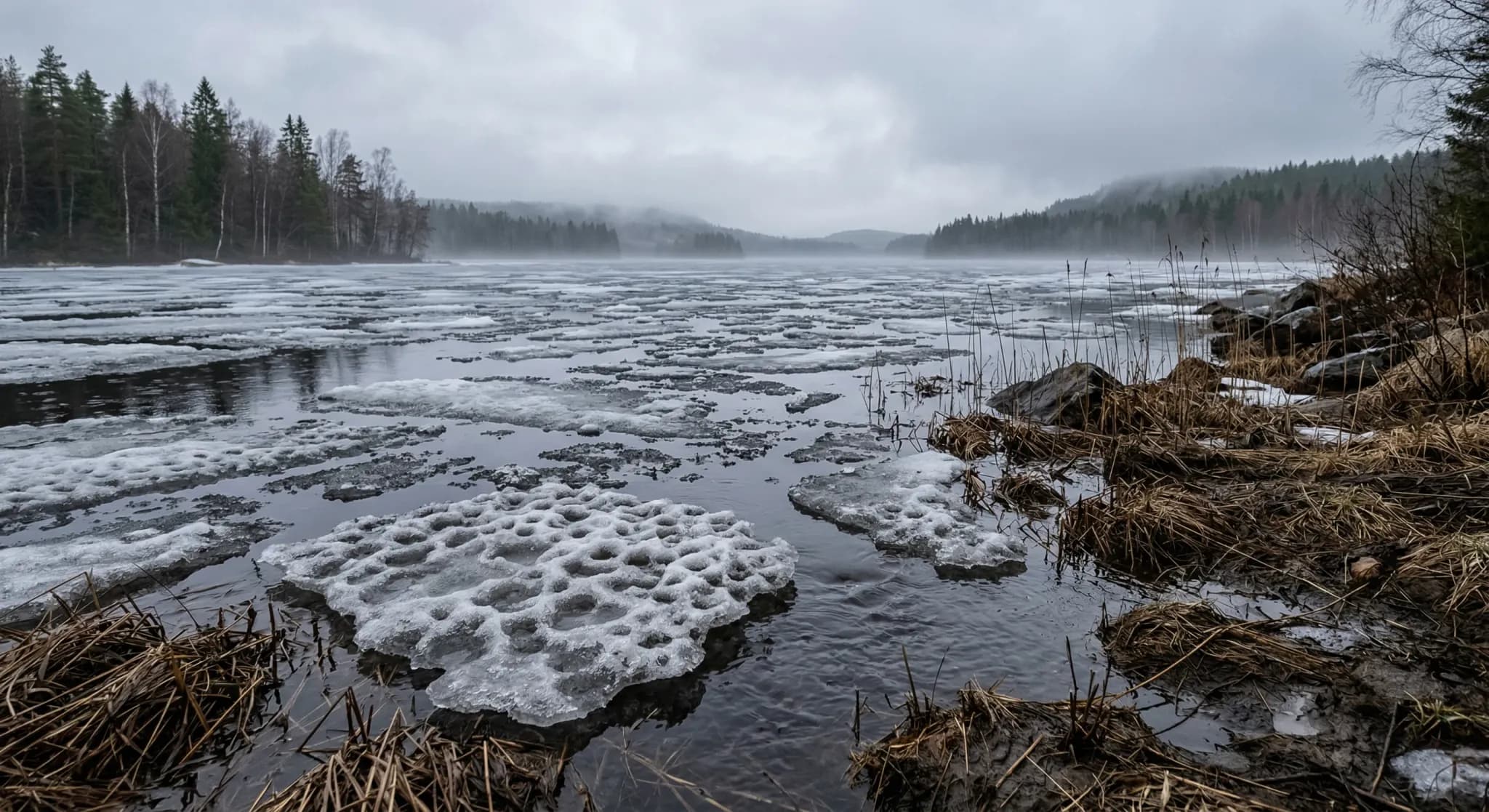 A wide-angle photorealistic shot of a large lake in Northern Europe during the early spring thaw. Patches of grey, porous ice float in dark, cold water surrounded by brown reeds and a misty shoreline