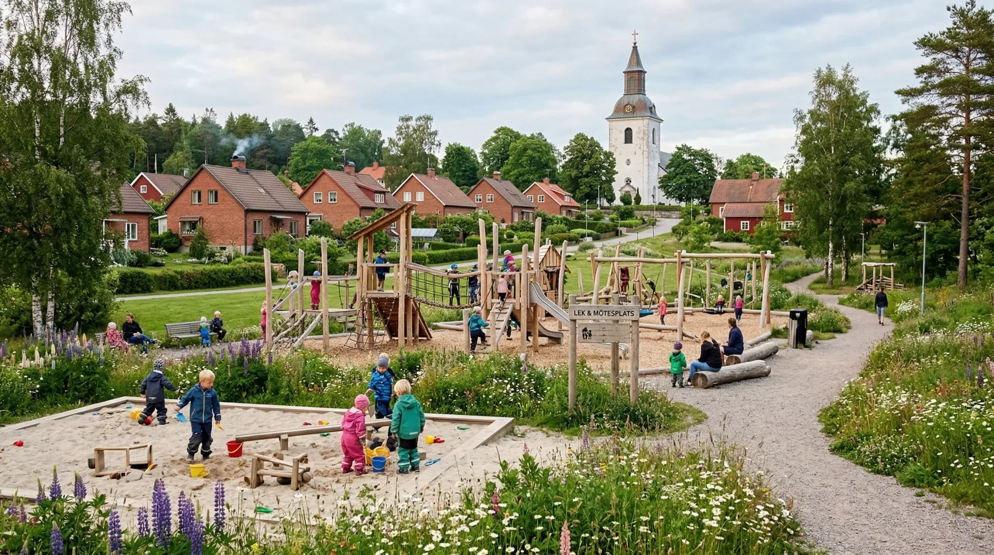 A wide-angle photorealistic shot of a modern, eco-friendly playground and community park in a small Scandinavian village. The scene features wooden climbing structures and sandpits surrounded by lush