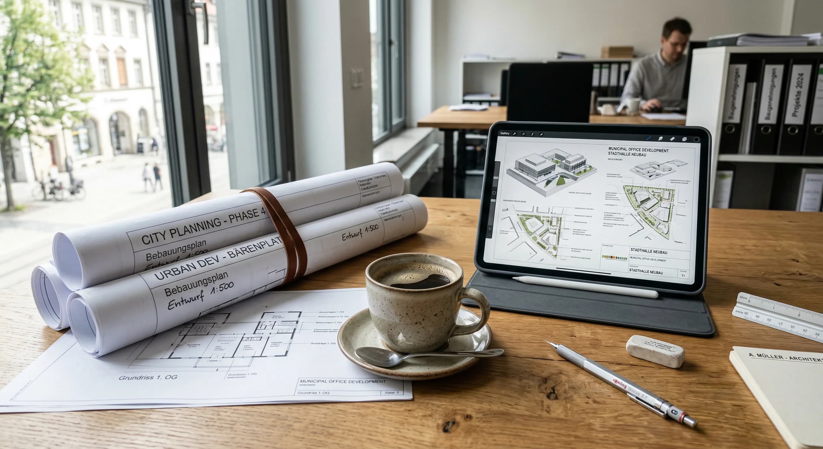 A high-angle close-up of a wooden desk featuring rolled-up architectural blueprints, a professional tablet, and a cup of coffee. Soft natural light streams in from a side window, creating a shallow de