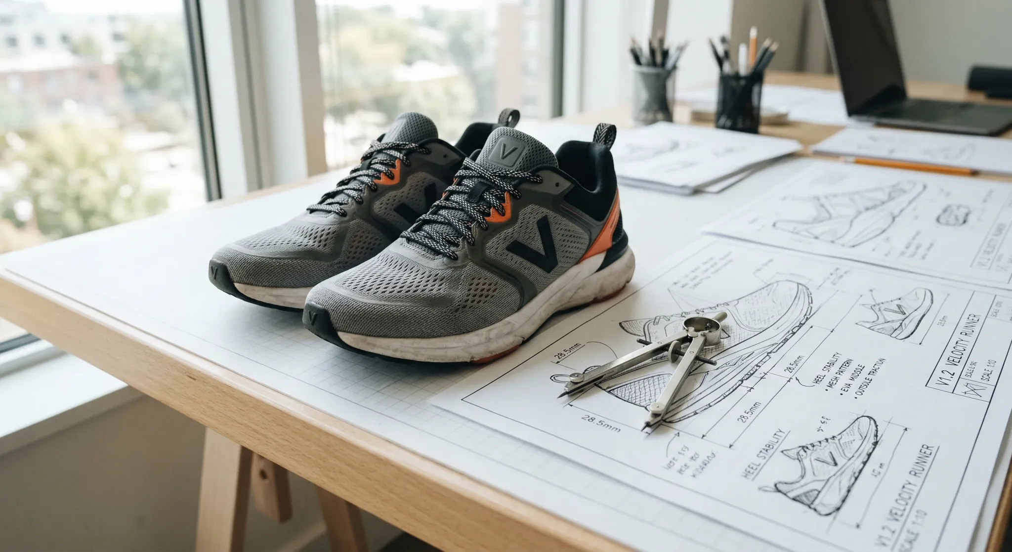A pair of gray and orange athletic sneakers sits on a drafting table alongside technical design blueprints and a silver compass, conveying a professional yet creative atmosphere. The soft, natural light filtering through the nearby window highlights the detailed textures of the shoes and the precision of the design sketches.
