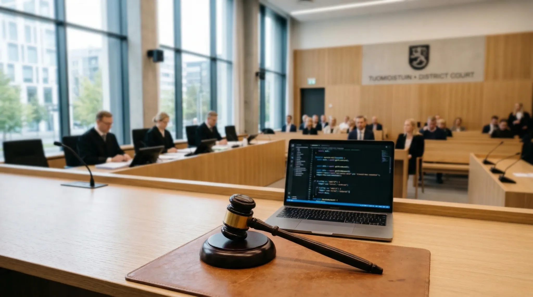 A photorealistic, wide-angle shot of a modern European courtroom interior with clean Nordic design. In the foreground, a polished wooden judge's bench features a traditional gavel resting on a leather