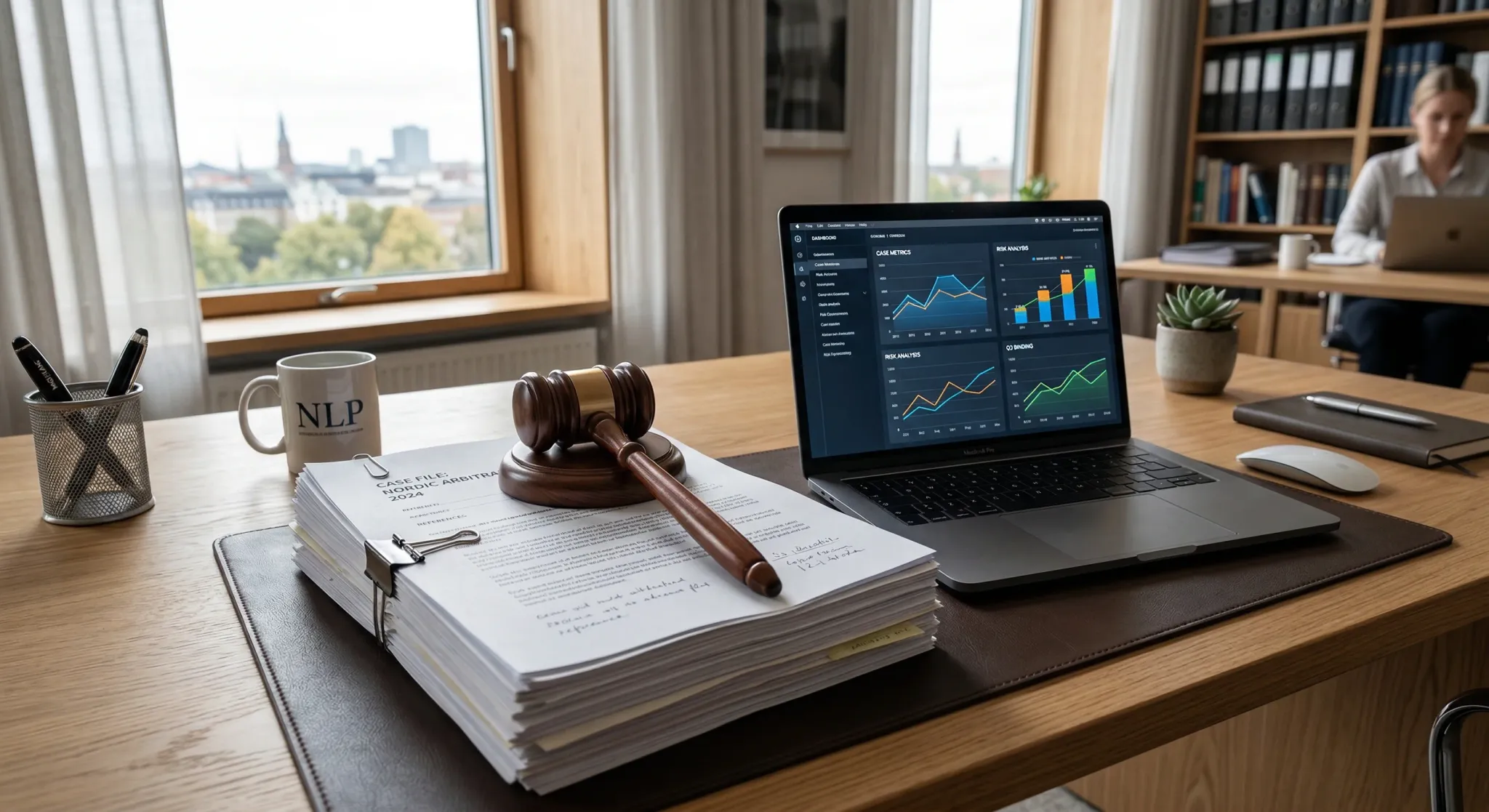 A high-angle photorealistic shot of a modern Scandinavian legal office desk. On the desk lies a thick stack of legal documents with a wooden gavel resting on top, next to a sleek laptop displaying com