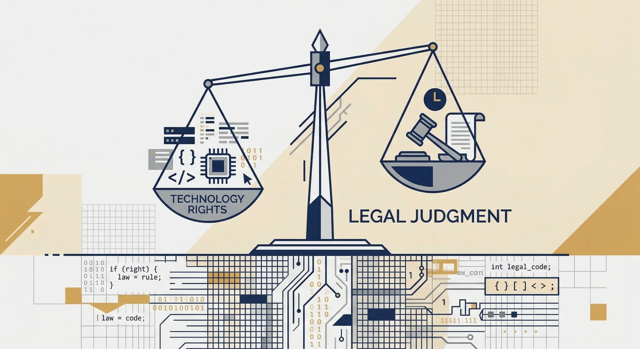 An editorial illustration with a clean modern design and a limited palette of navy blue, grey, and ochre. A stylized balance scale sits atop a digital grid representing computer code, symbolizing a le