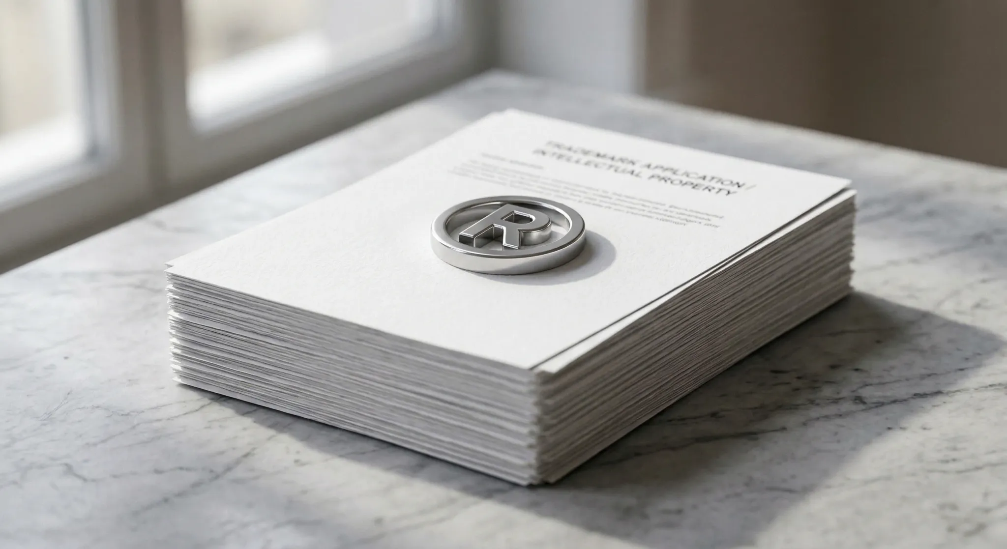 A high-contrast minimalist composition of a polished silver trademark symbol resting on a thick stack of white legal documents. The scene is shot with a shallow depth of field, focusing on the texture