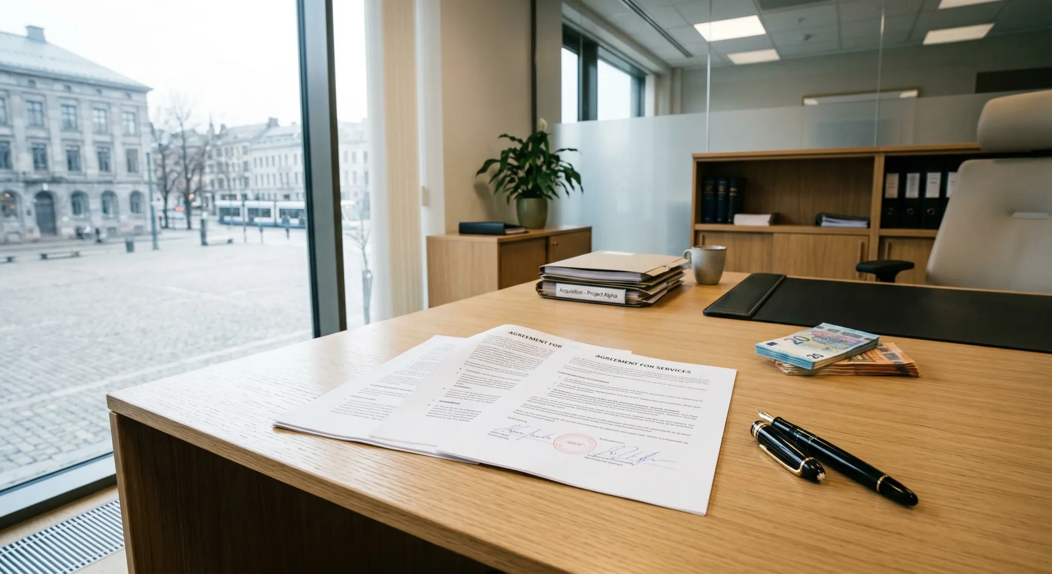 A photorealistic wide-angle shot of a polished oak desk in a bright, modern legal office. A signed commercial contract lies open next to a luxury fountain pen, with a neat stack of Euro banknotes plac